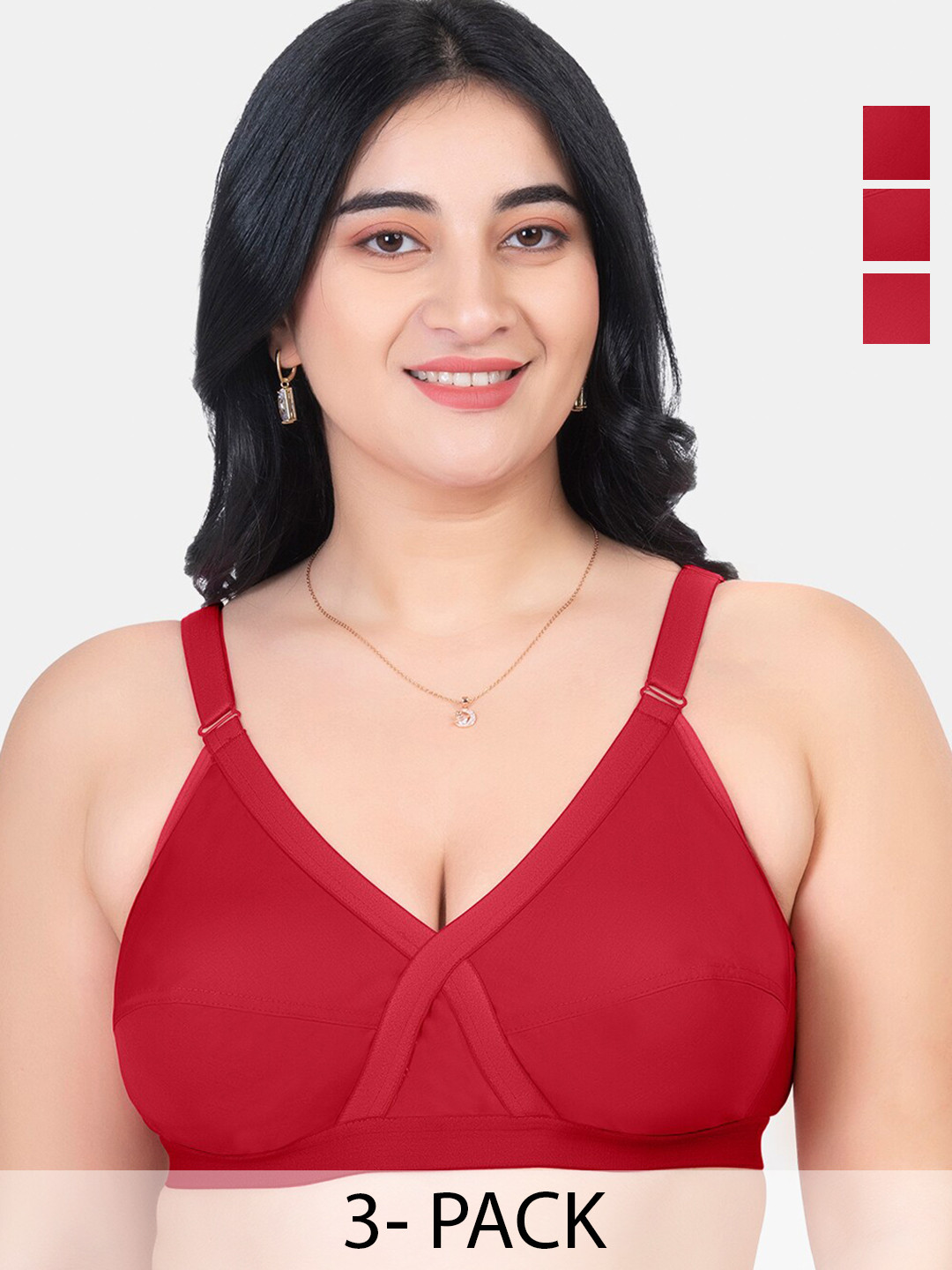 

KOMLI Pack Of 3 Full Coverage Non Padded Pure Cotton Minimizer Bras With All Day Comfort, Red