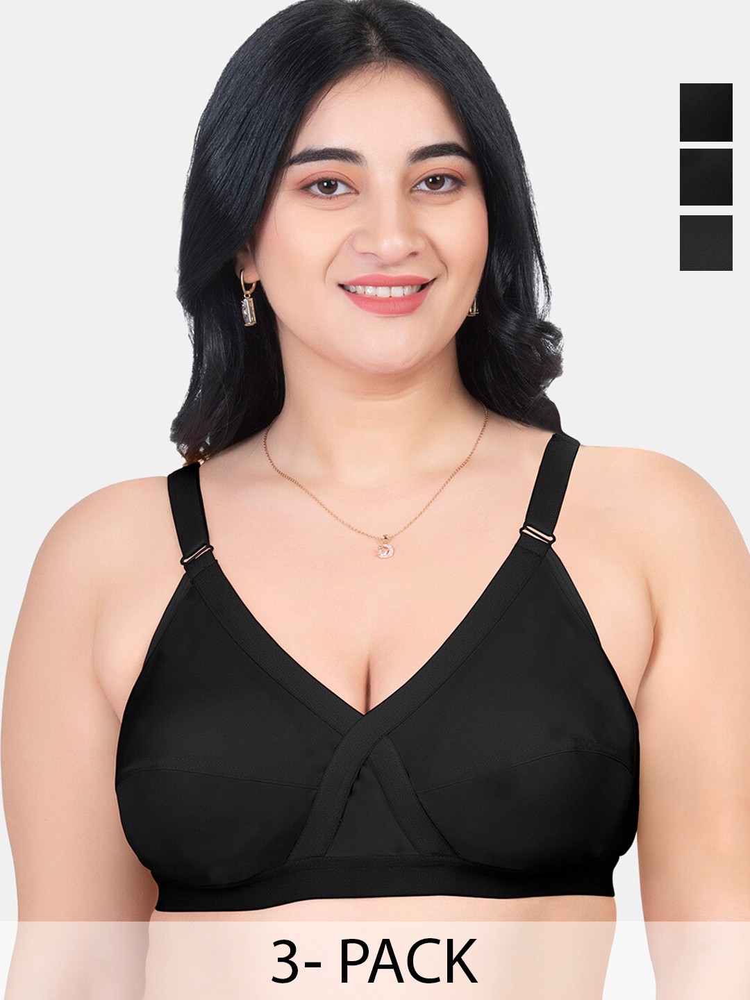 

KOMLI Pack Of 3 Full Coverage Non Padded Pure Cotton Minimizer Bras With All Day Comfort, Black