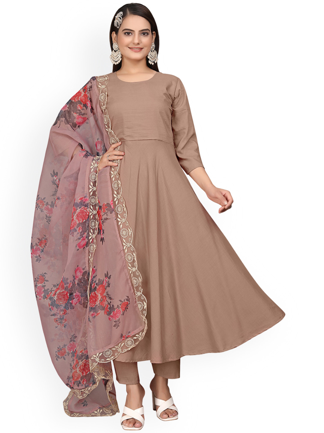 

mimi design Women Empire Kurta with Trousers & With Dupatta, Brown