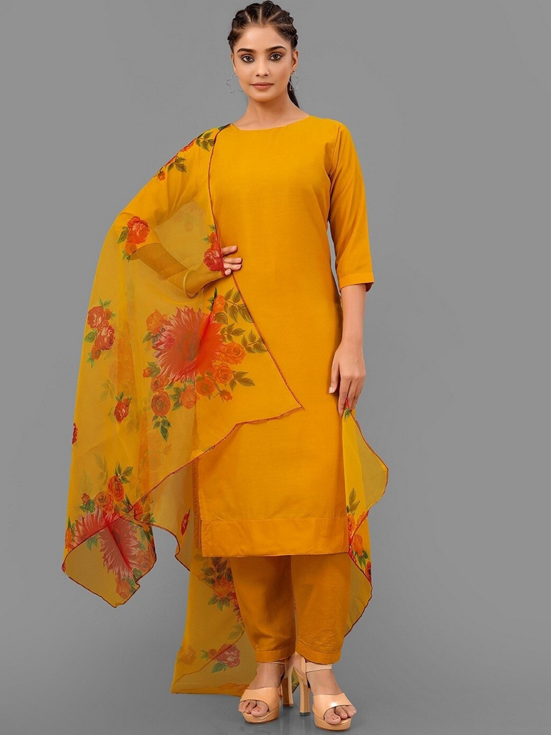 

mimi design Round Neck Straight Kurta With Harem Pants & Dupatta, Gold