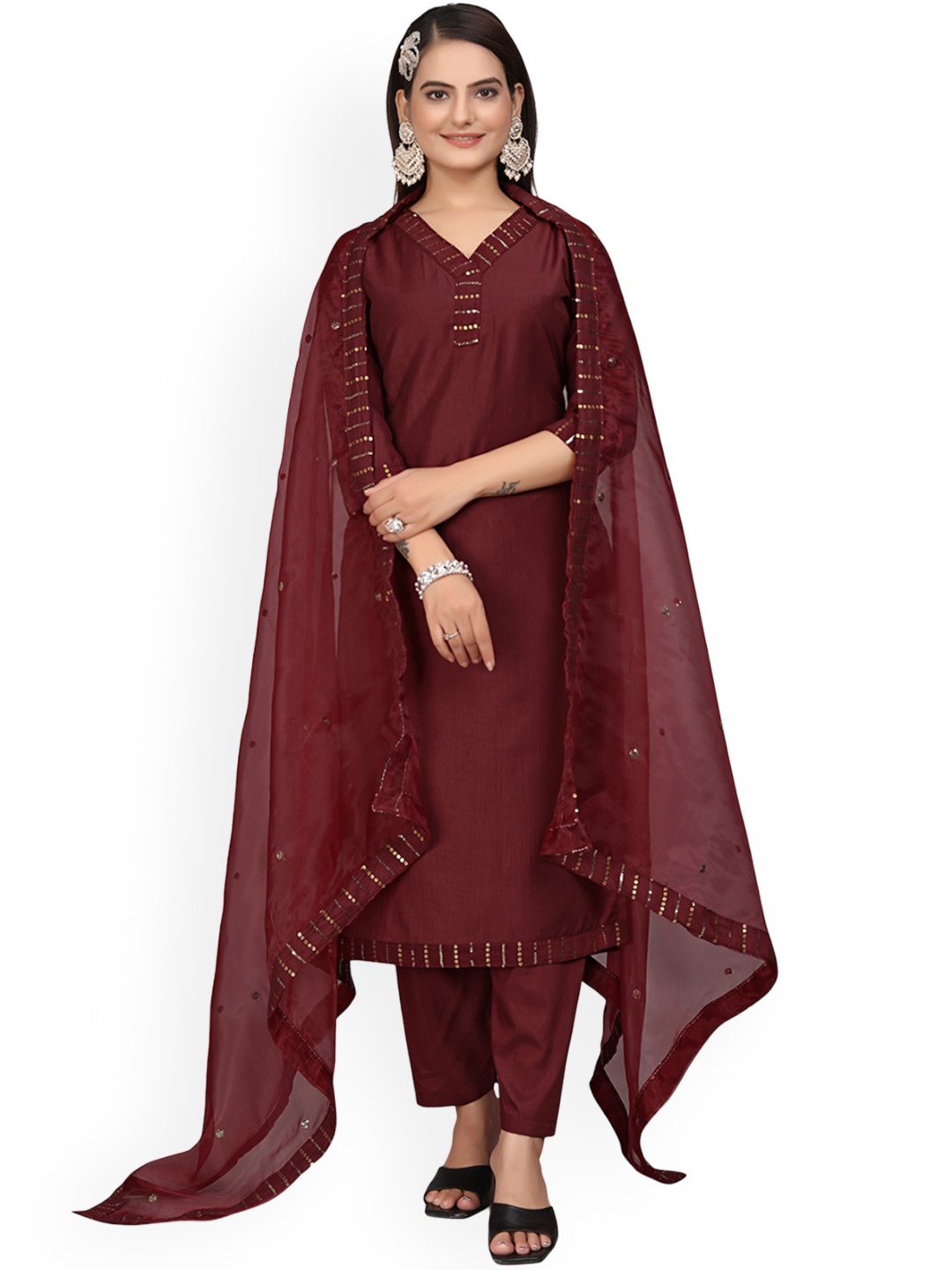 

mimi design Regular Sequinned Kurta with Harem Pants & With Dupatta, Maroon