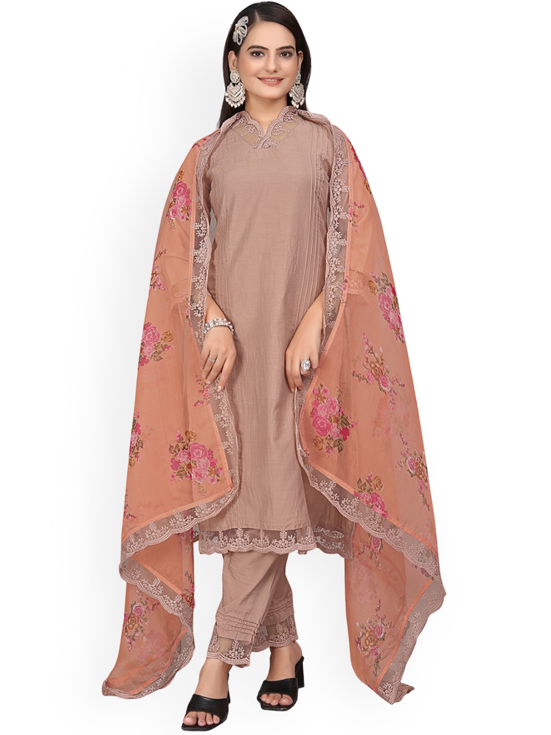 

mimi design Regular Three-Quarter Sleeves Kurta with Harem Pants & With Dupatta, Brown