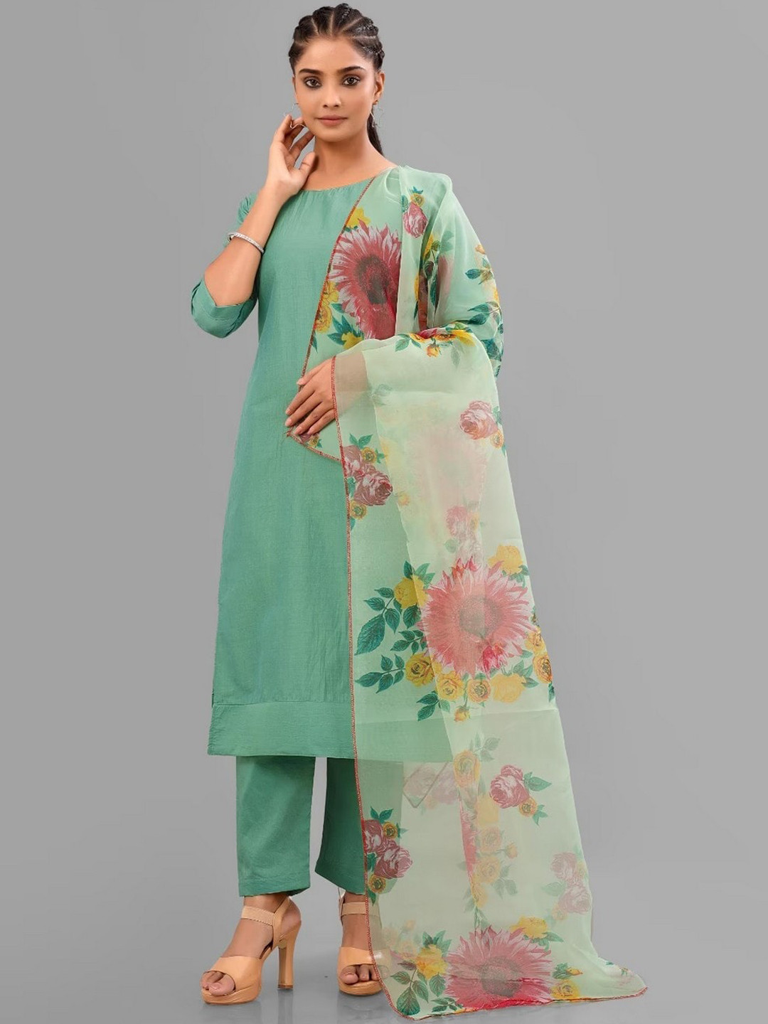 

mimi design Regular Three-Quarter Sleeves Kurta with Trousers & With Dupatta, Green
