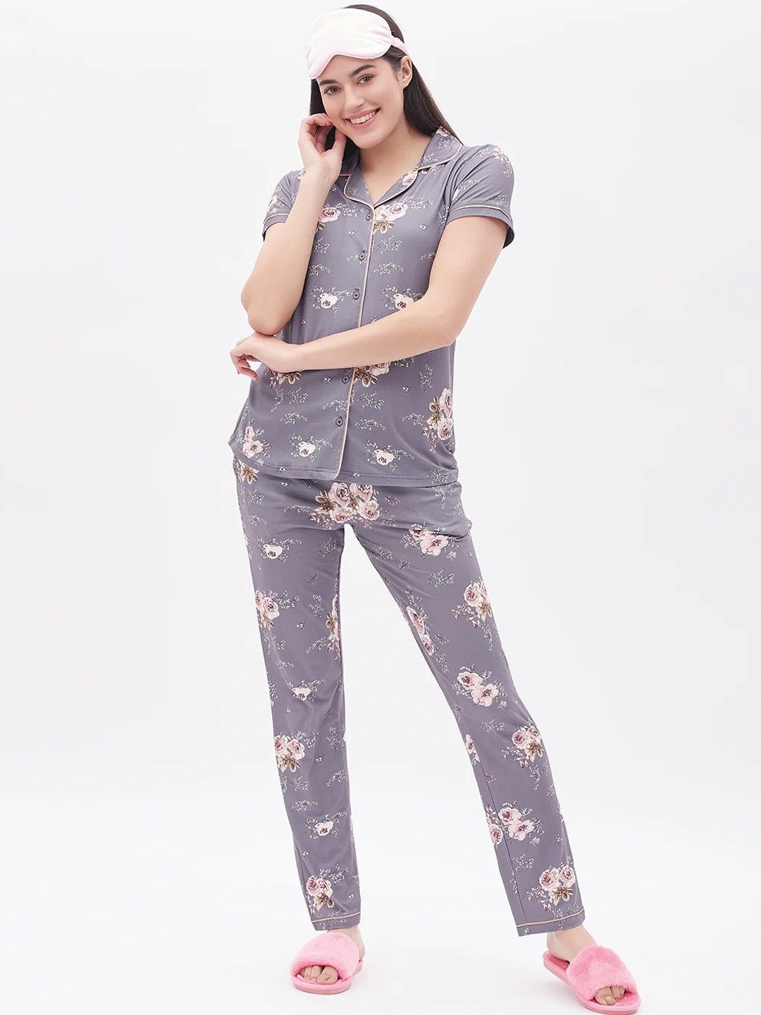 

Sweet Dreams Grey Floral Printed Lapel Collar Night suit
