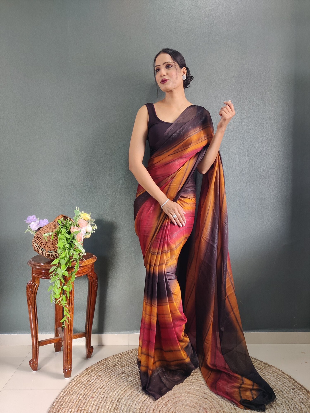 

LeeliPeeri Designer Striped Ready to Wear Saree, Orange