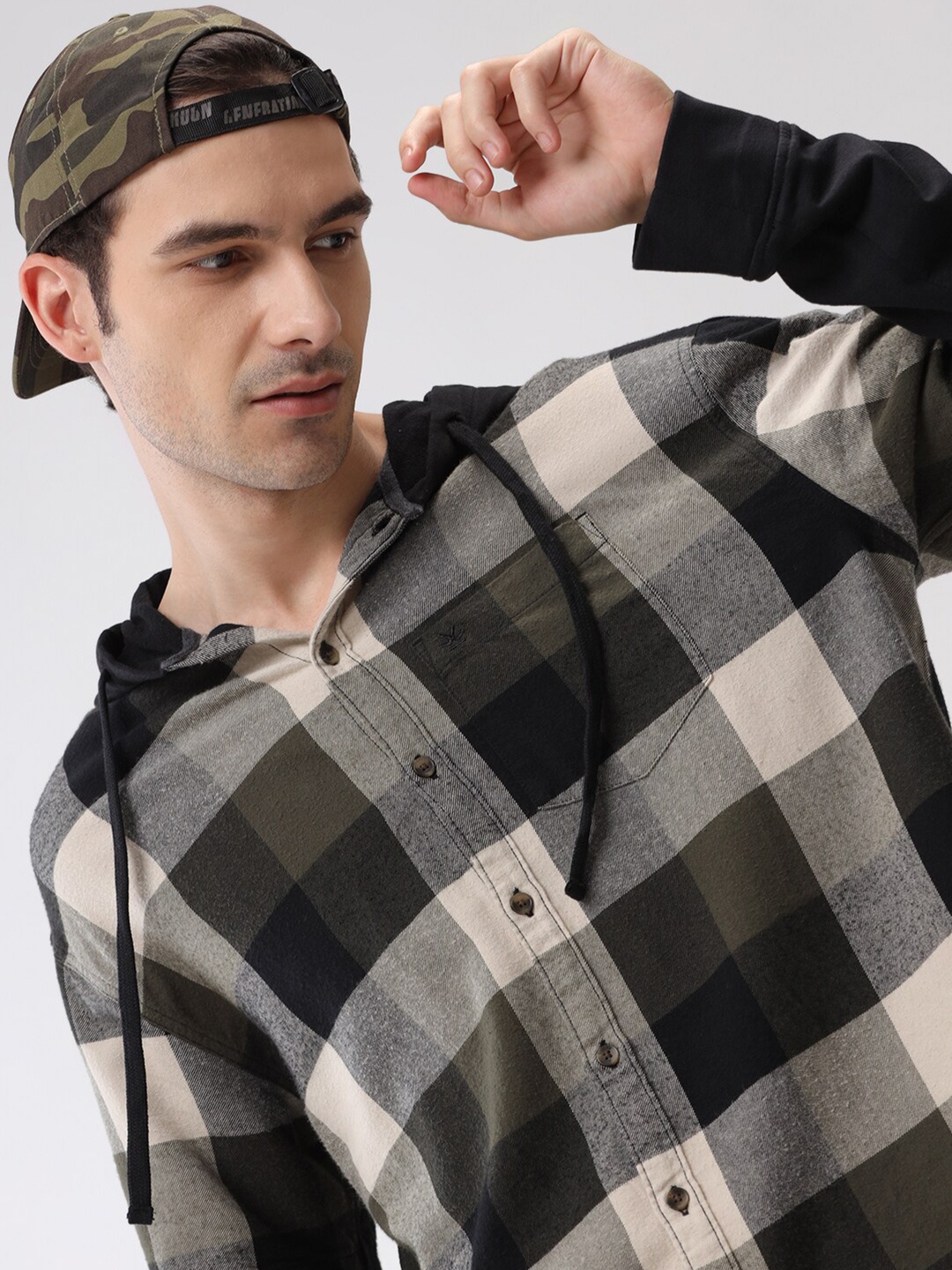 

WROGN Custom Boxy Tartan Checks Hooded Opaque Cotton Casual Shirt, Green