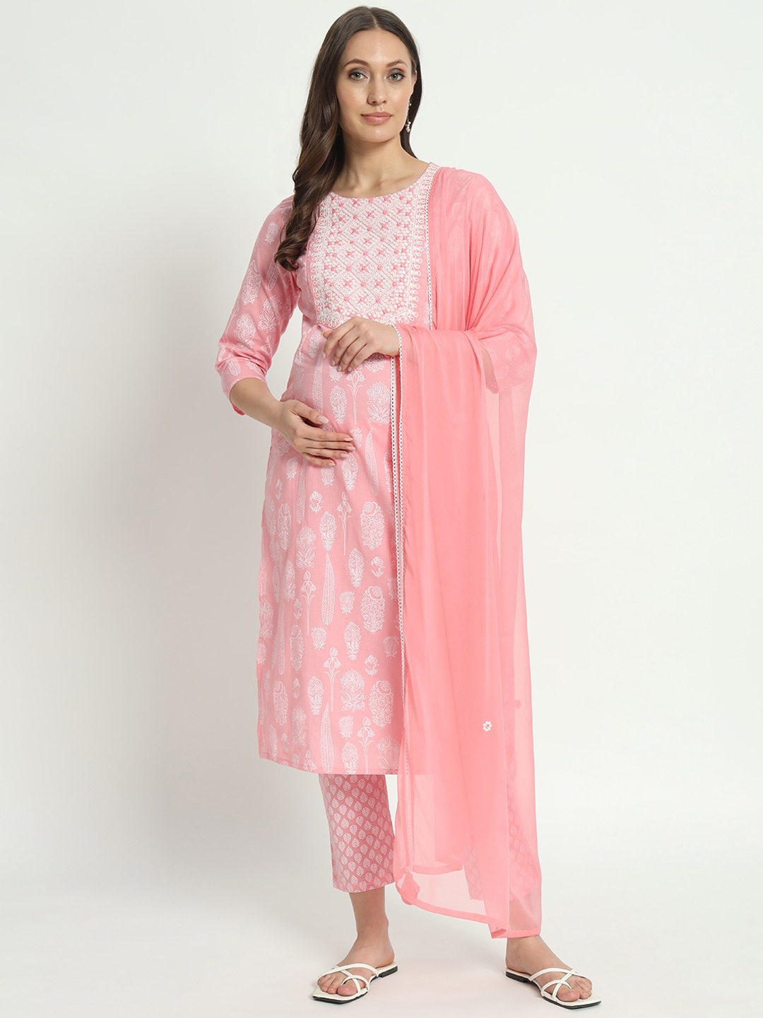 

mumzhug Paisley Embroidered Regular Thread Work Pure Cotton Kurta with Palazzo & Dupatta, Pink