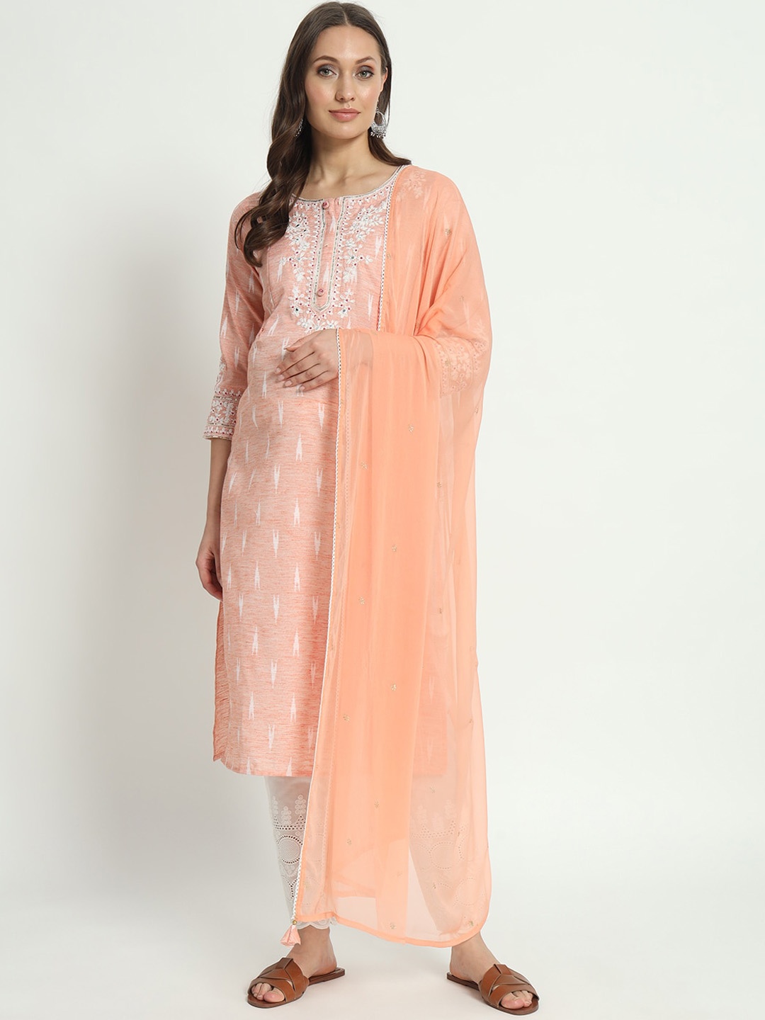 

mumzhug Ethnic Motifs Maternity Thread Work Pure Cotton Kurta Set, Peach