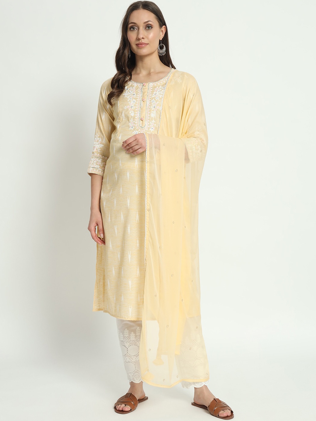 

mumzhug Ethnic Motifs Printed Regular Thread Work Pure Cotton Kurta with Palazzo & Dupatta, Yellow