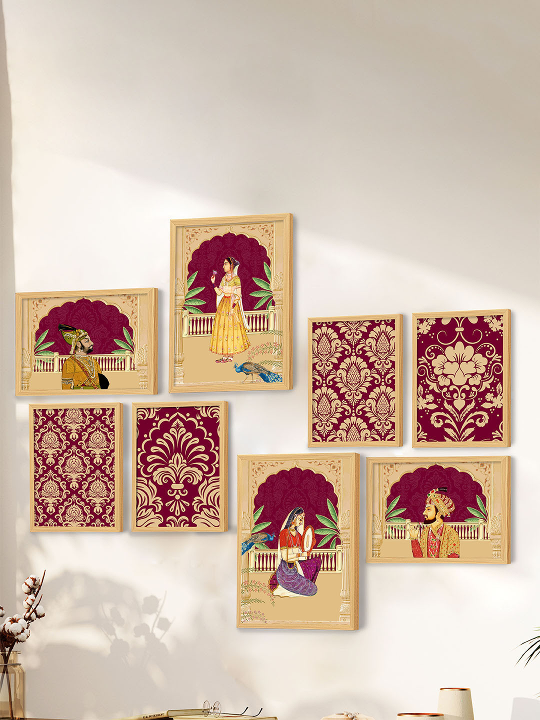 

Art Street Set of 8 Wooden Mughal Emperor Shahjahan with Queen Wall Paintings, Maroon