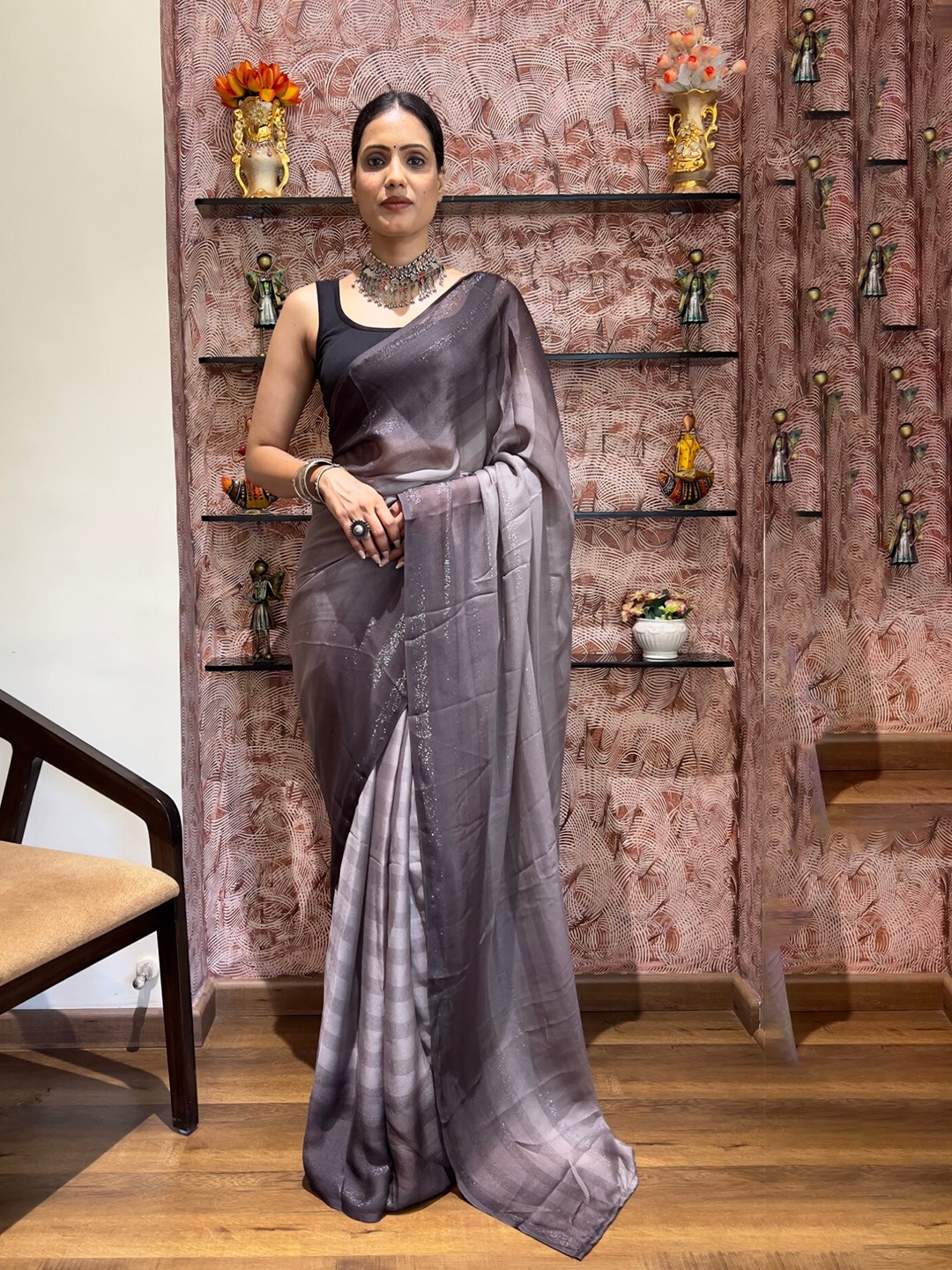 

LeeliPeeri Designer Striped Ready to Wear Saree, Grey