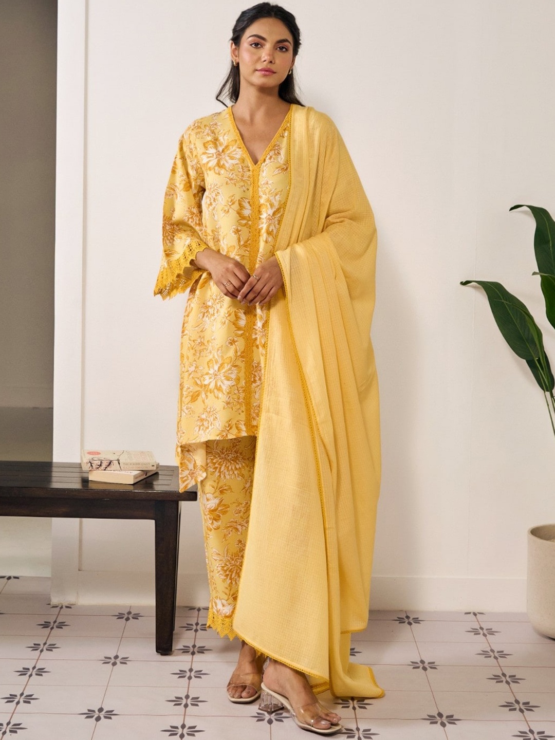 anayna Floral Printed A-Line Kurta with Trousers & Dupatta, Yellow