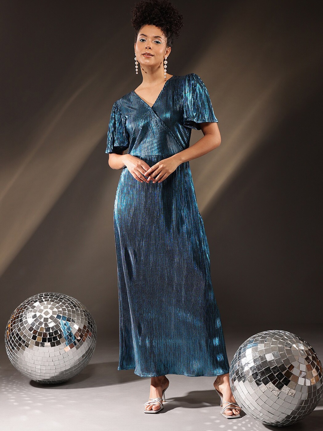 

Molly & Michel V Neck Flared Sleeve Satin Maxi Dress, Blue