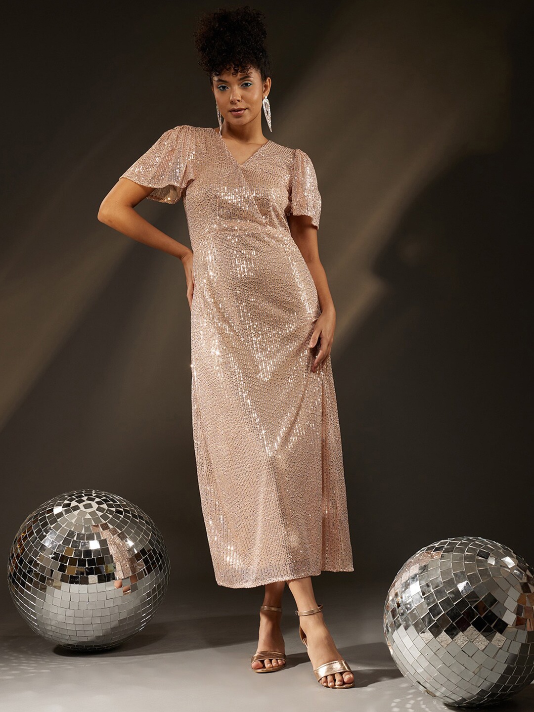 

Molly & Michel V-Neck Flared Sleeves Embellished Sequinned Detail Net Maxi Dress, Cream