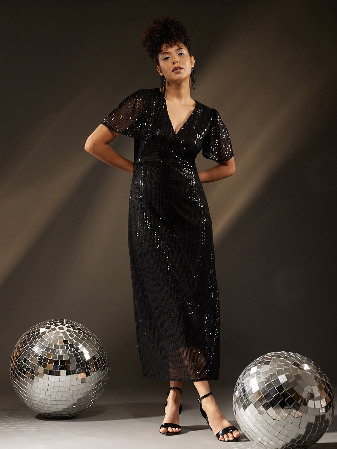 

Molly & Michel V-Neck Embellished Net Maxi Dress, Black