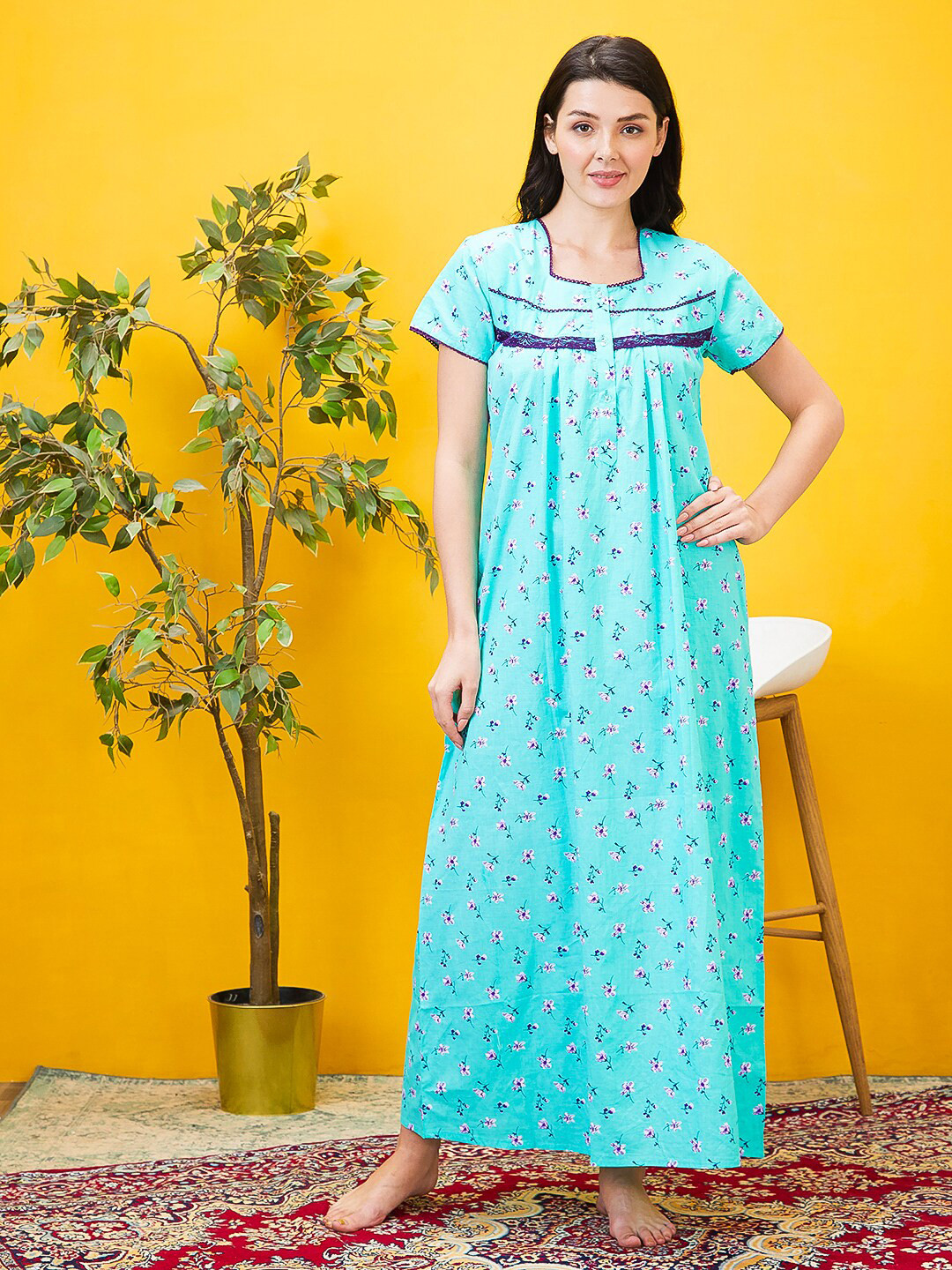 

AV2 Floral Printed Pure Cotton Square Neck Maxi Nightdress, Turquoise blue