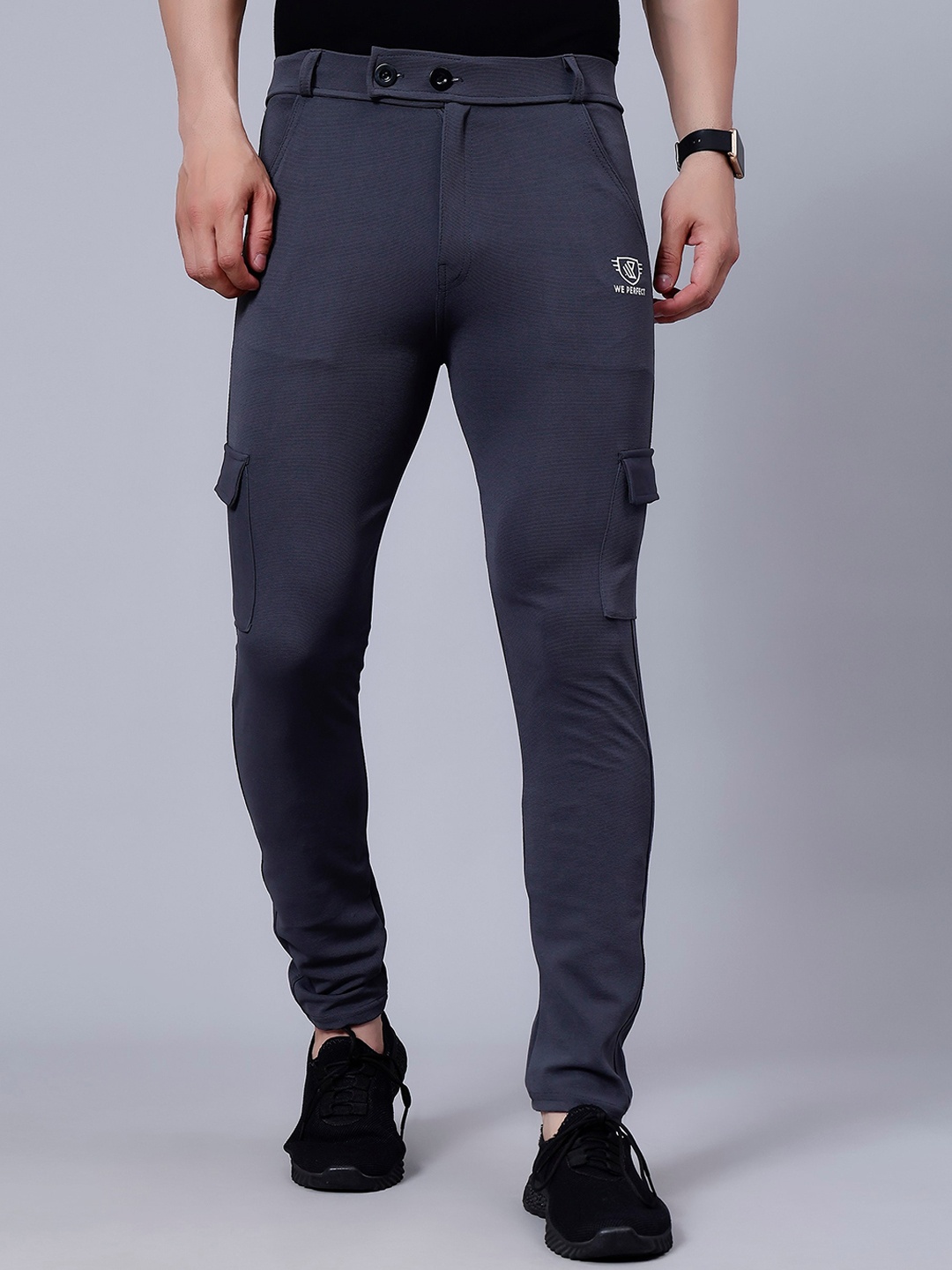 

WE PERFECT Men Relaxed Mid-Rise Regular Fit Cotton Cargos Trousers, Grey