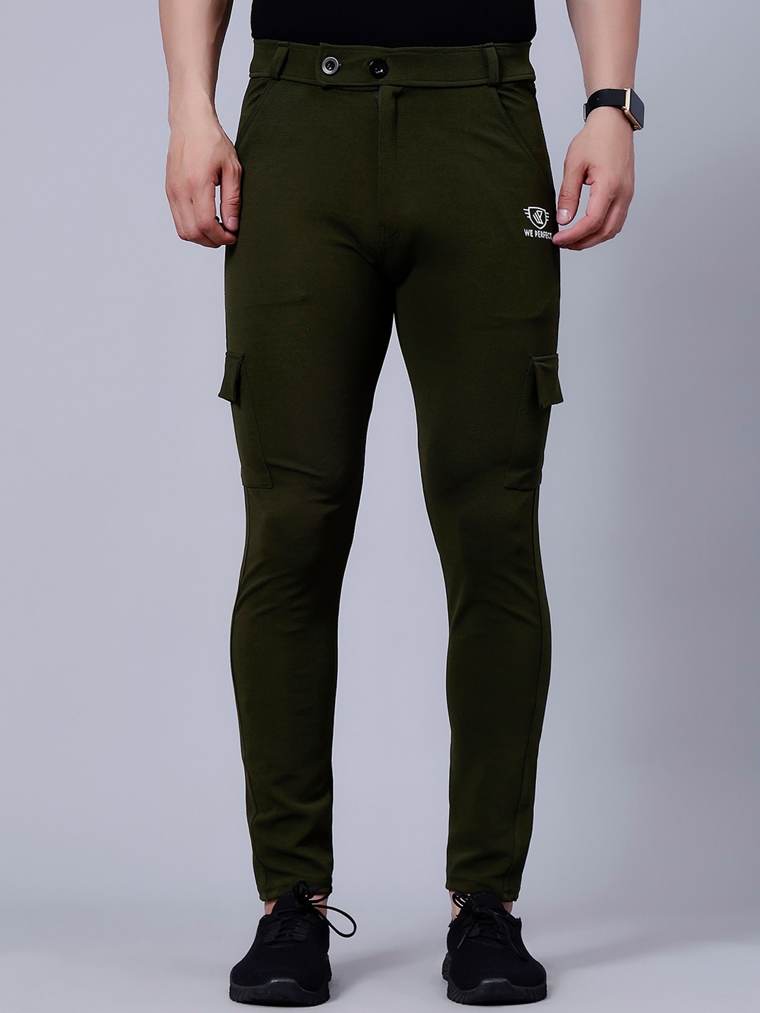 

WE PERFECT Men Relaxed Mid-Rise Regular Fit Cotton Cargos Trousers, Olive