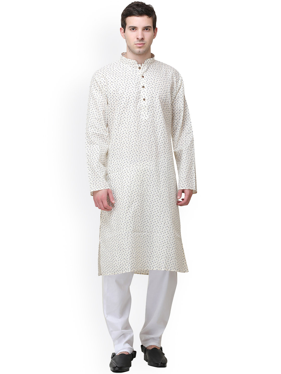 

Exotic India Men Floral Printed Regular Pure Cotton Kurta with Pyjamas, Beige