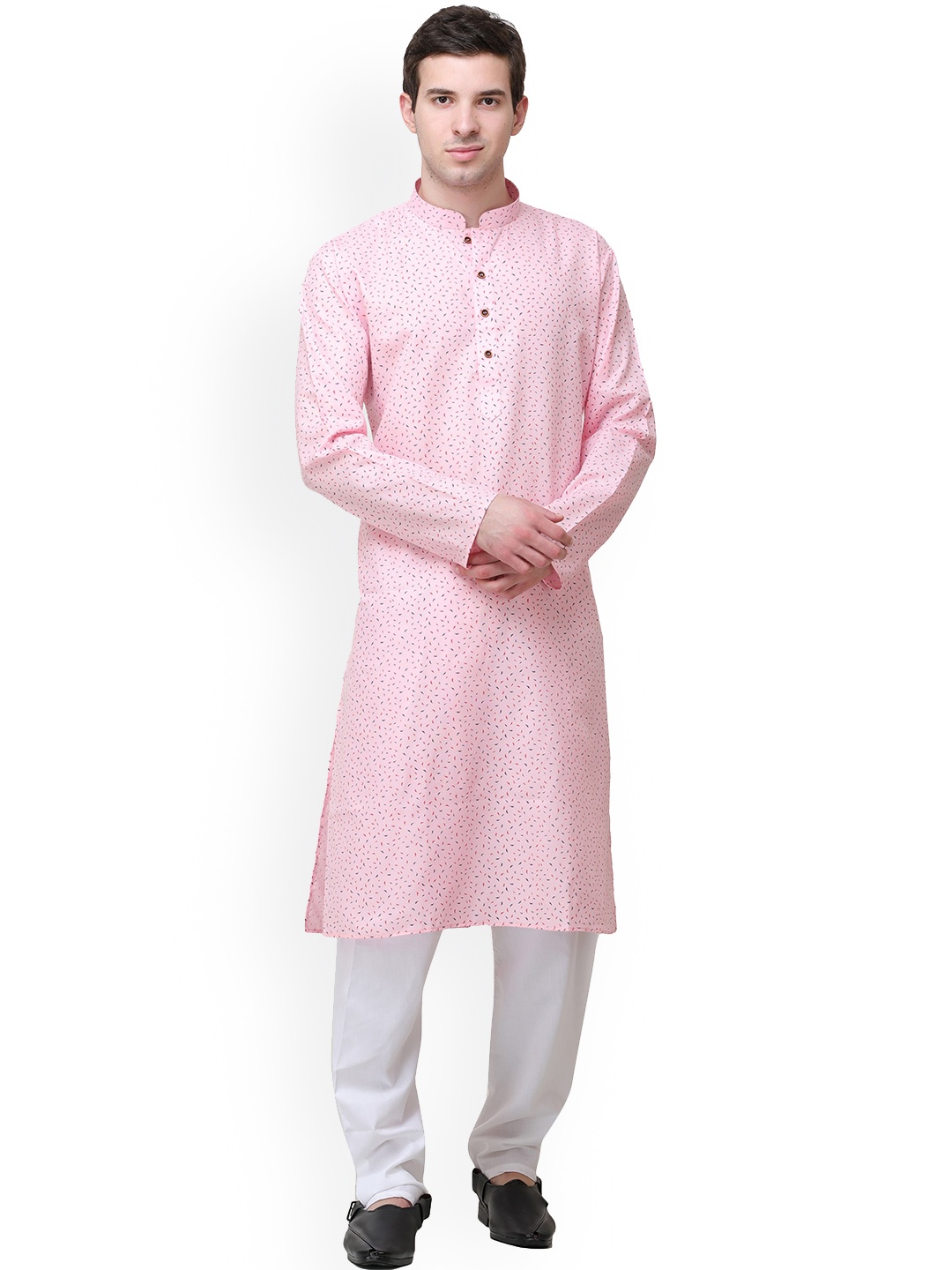 

Exotic India Men Floral Printed Regular Pure Cotton Kurta with Pyjamas, Pink