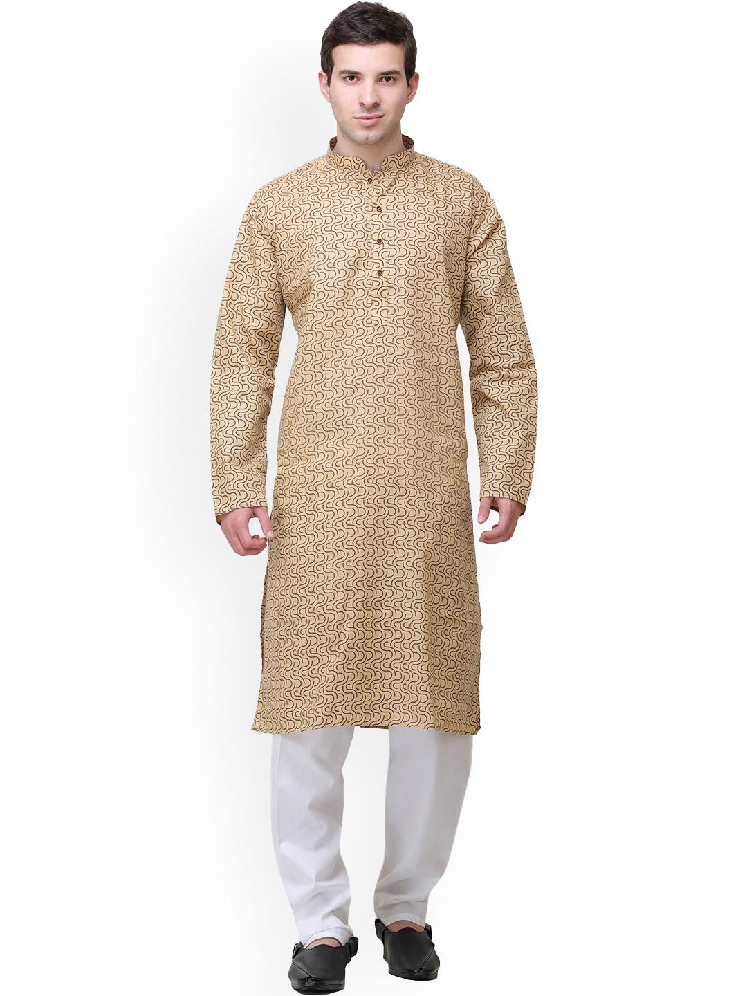 

Exotic India Marzipan Pure Cotton Casual Kurta Pajama Set with Printed Waves, Beige