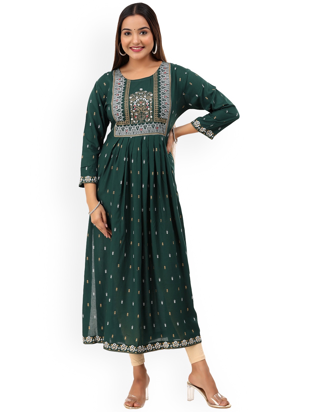 

ASHRU Ethnic Motifs Printed Round Neck empire style Anarkali Kurta, Green