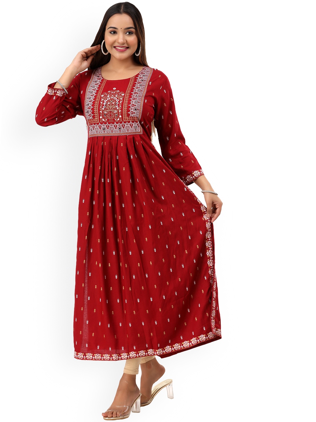 

ASHRU Ethnic Motifs Printed Round Neck empire style Anarkali Kurta, Maroon