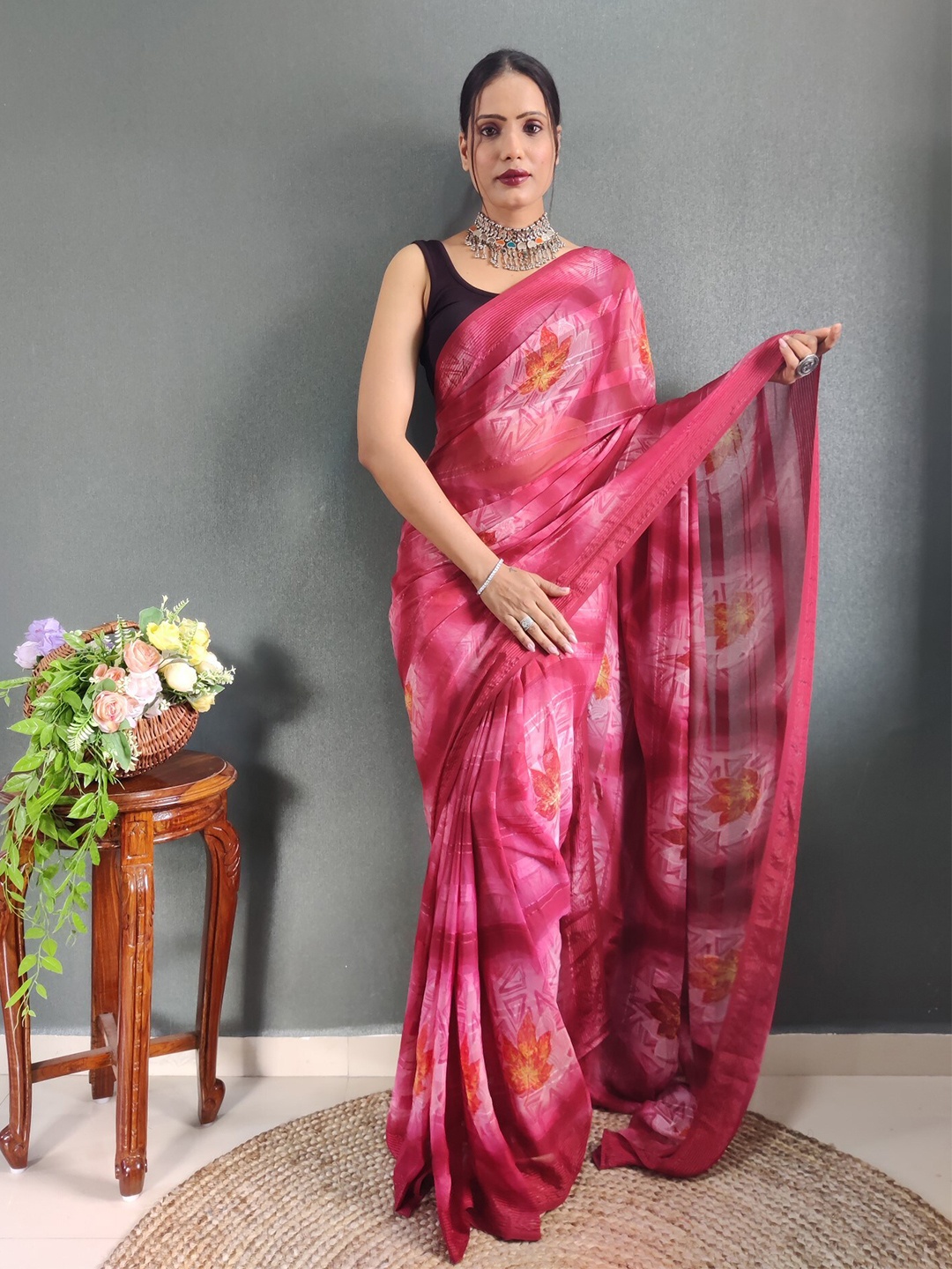 LeeliPeeri Designer Floral Printed Ready to Wear Saree, Pink