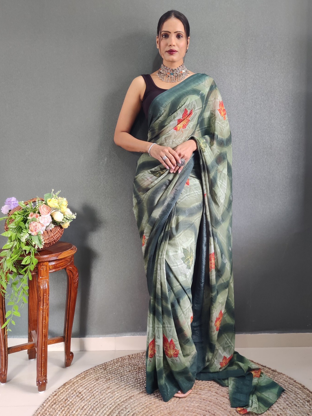 LeeliPeeri Designer Floral Ready to Wear Saree, Green