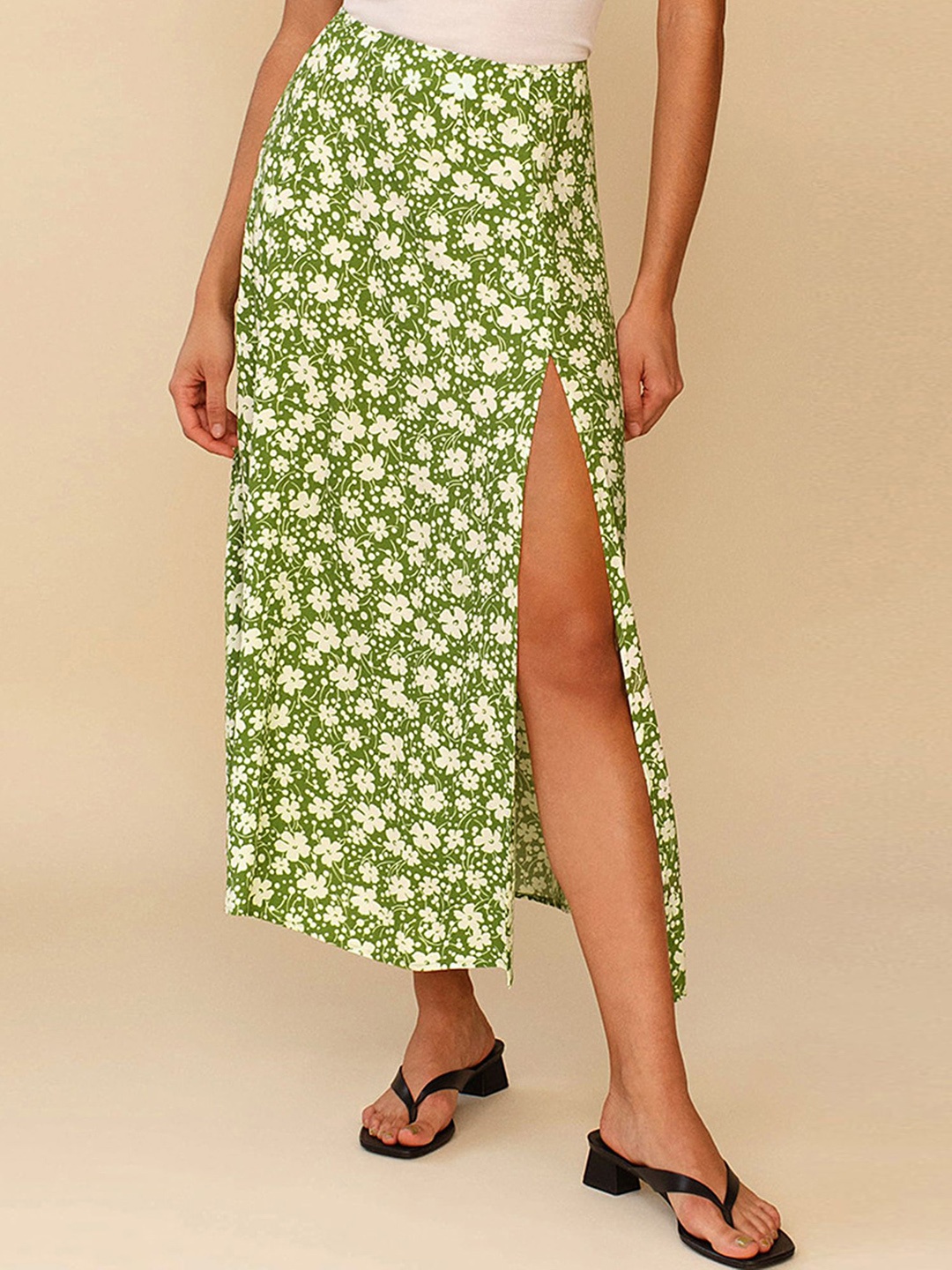 

LULU & SKY Floral Printed A-Line Midi Skirts, Green