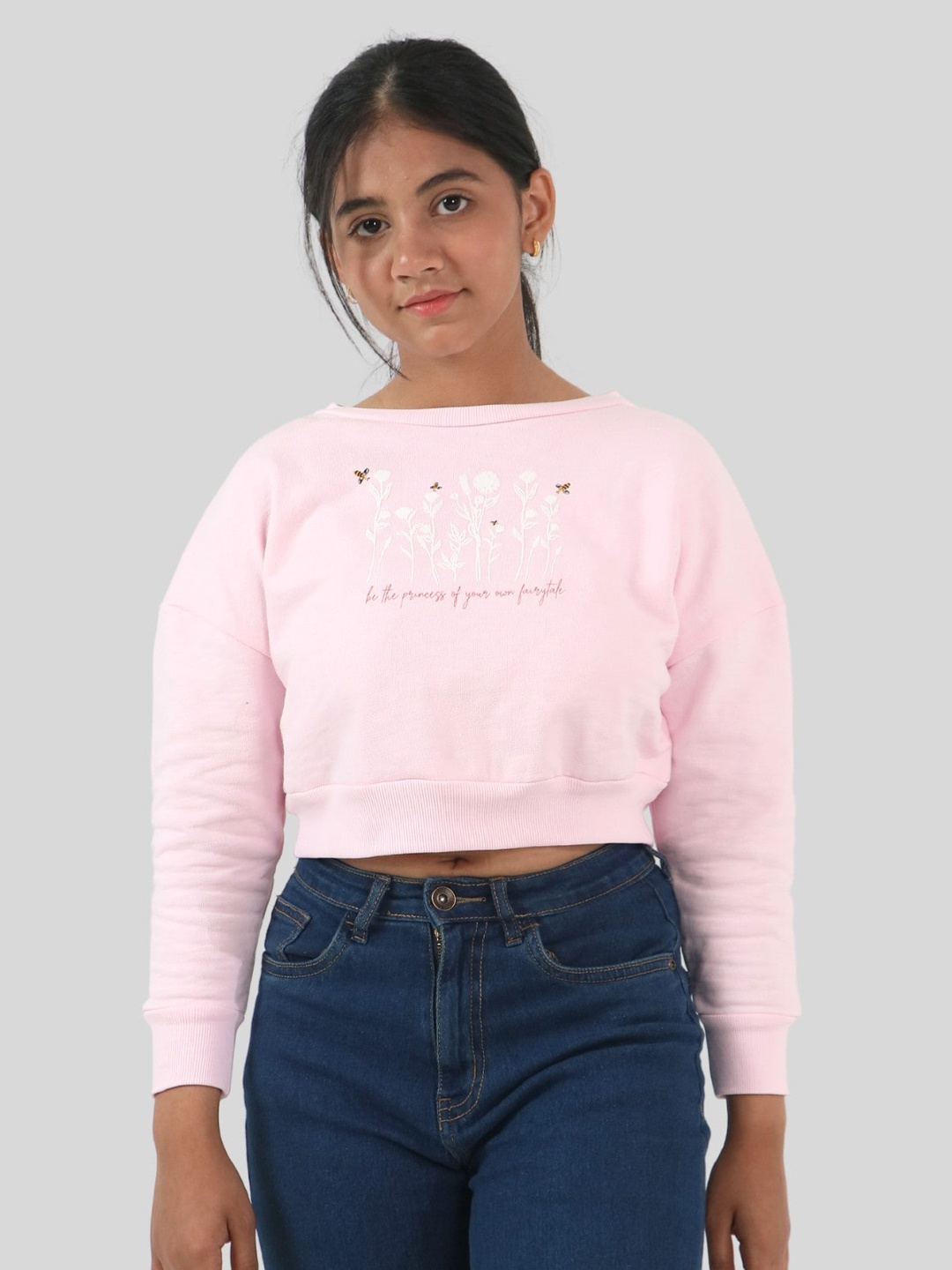 

TWEENY MINI Girls Floral Embroidered Cotton Crop Sweatshirt, Pink