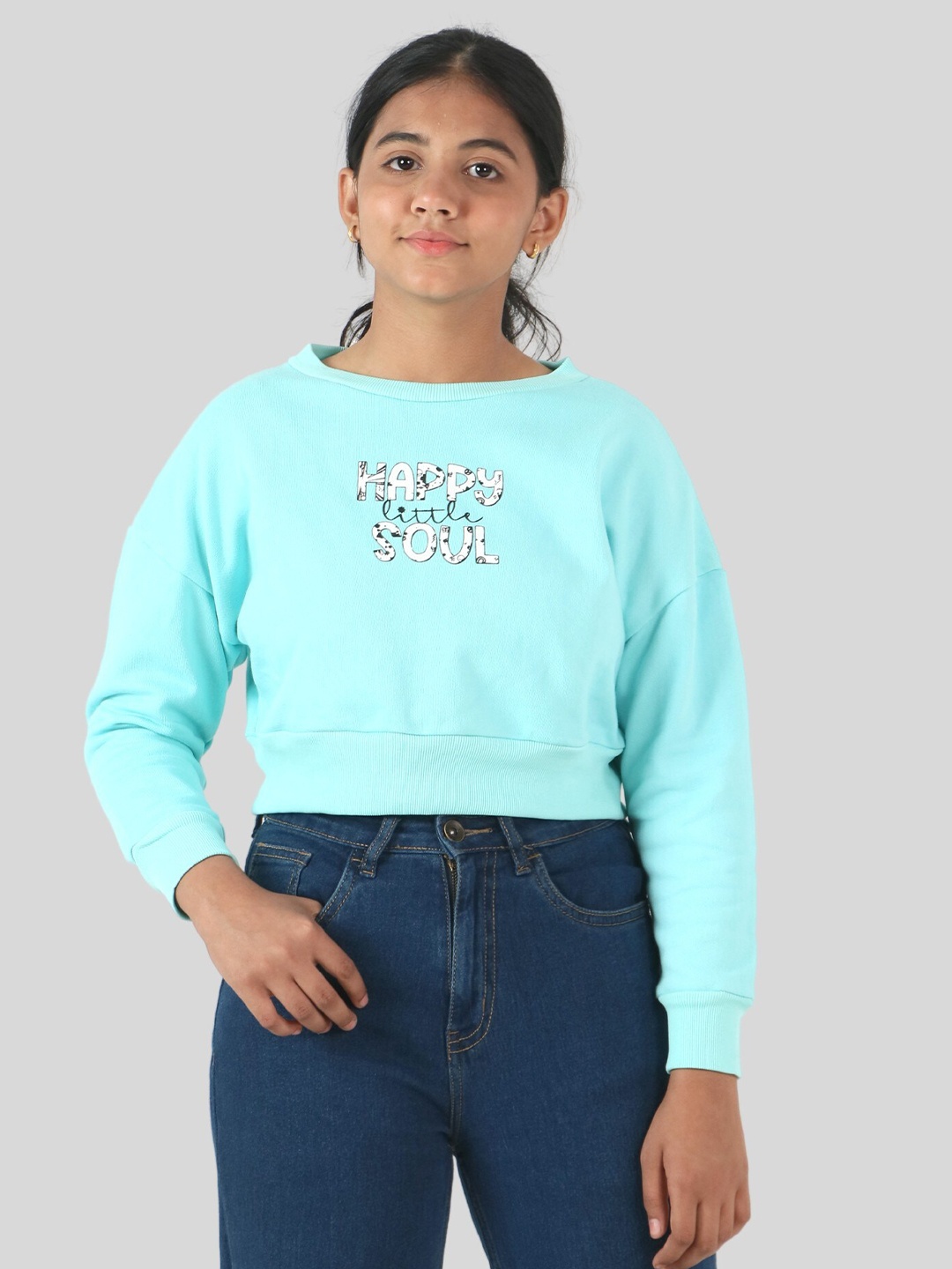 

TWEENY MINI Girls Typography Printed Cotton Crop Sweatshirt, Blue