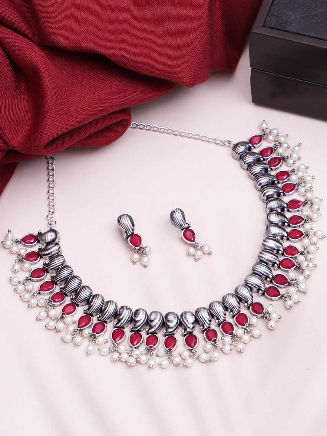 

PANASH Oxidized Silver-Plated Stone-Studded Jewellery Set