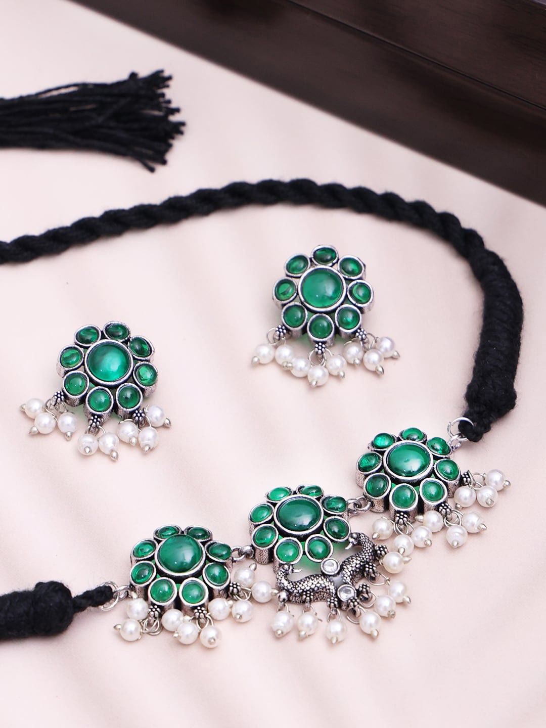 

PANASH Silver-Plated Stone-Studded Oxidised Jewellery Set