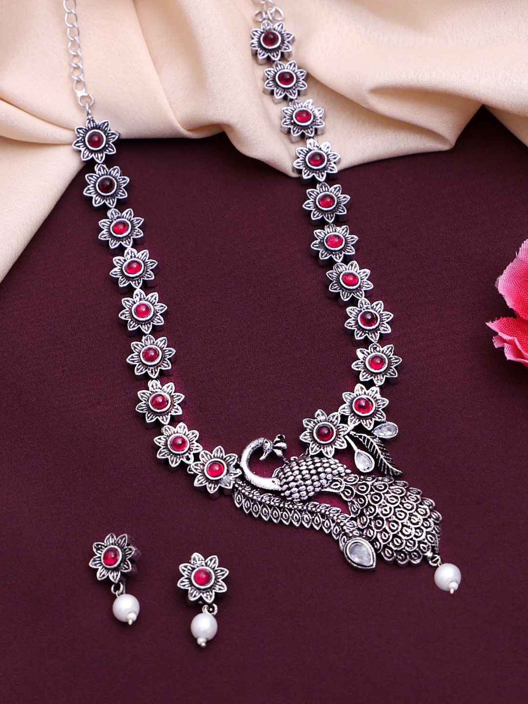 

PANASH Oxidized Silver-Plated Stone-Studded Jewellery Set