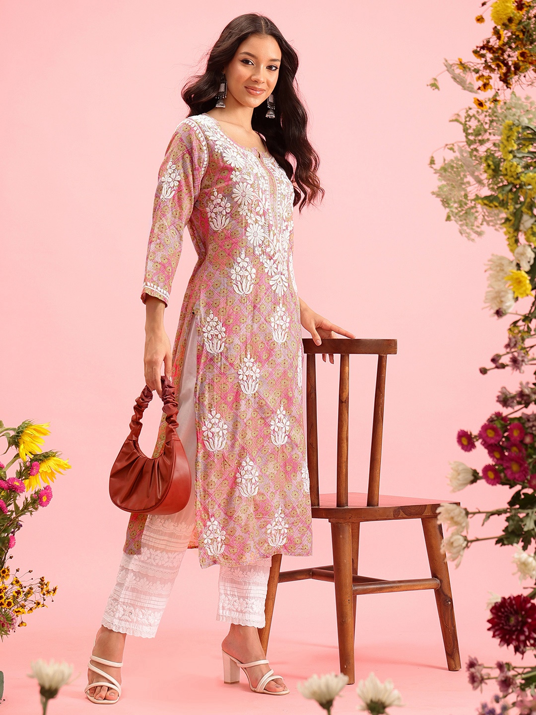 

ADA Floral Embroidered Notch Neck Regular Sleeves Cotton Silk Straight Kurta, Pink