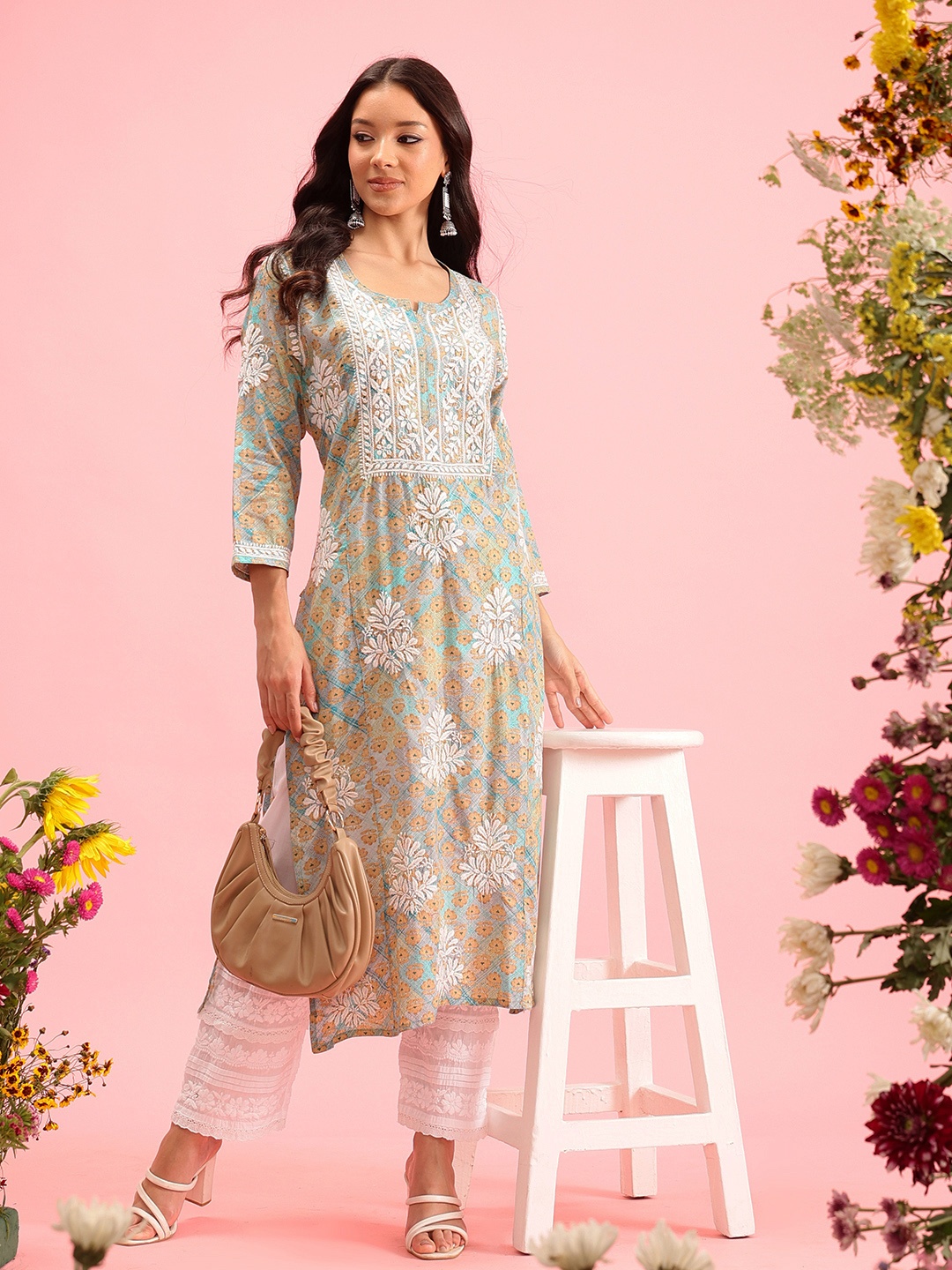 

ADA Floral Printed Notch Neck Regular Sleeves Embroidered Cotton Silk Straight Kurta, Sea green