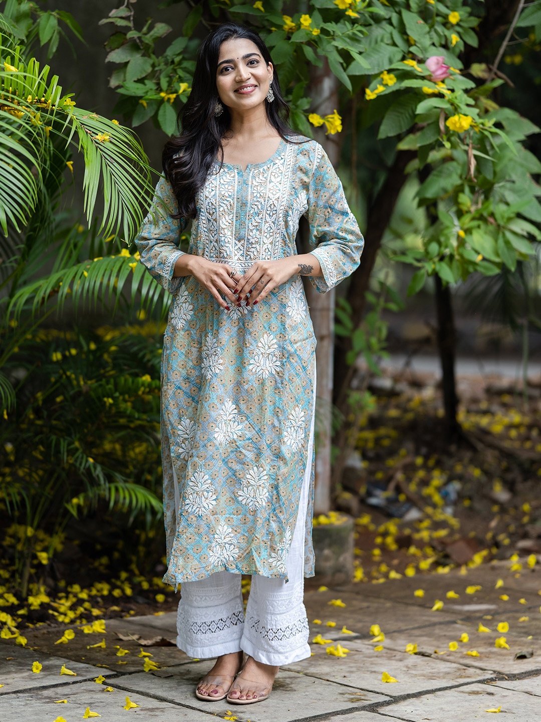 

ADA Floral Printed Notch Neck Regular Sleeves Embroidered Cotton Silk Straight Kurta, Sea green