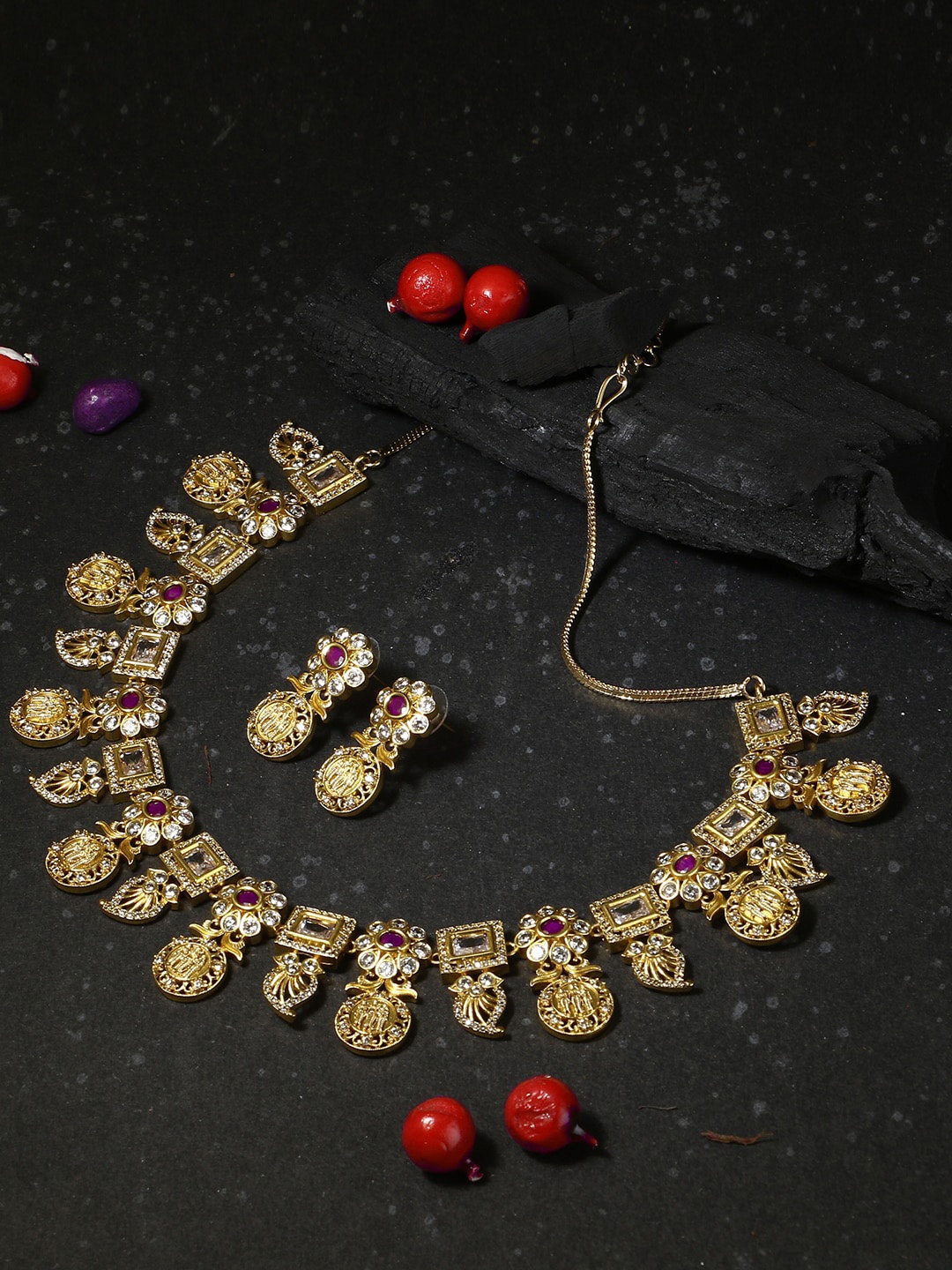 

Adwitiya Collection 24CT Gold-Plated Stone-Studded Temple Jewellery Set
