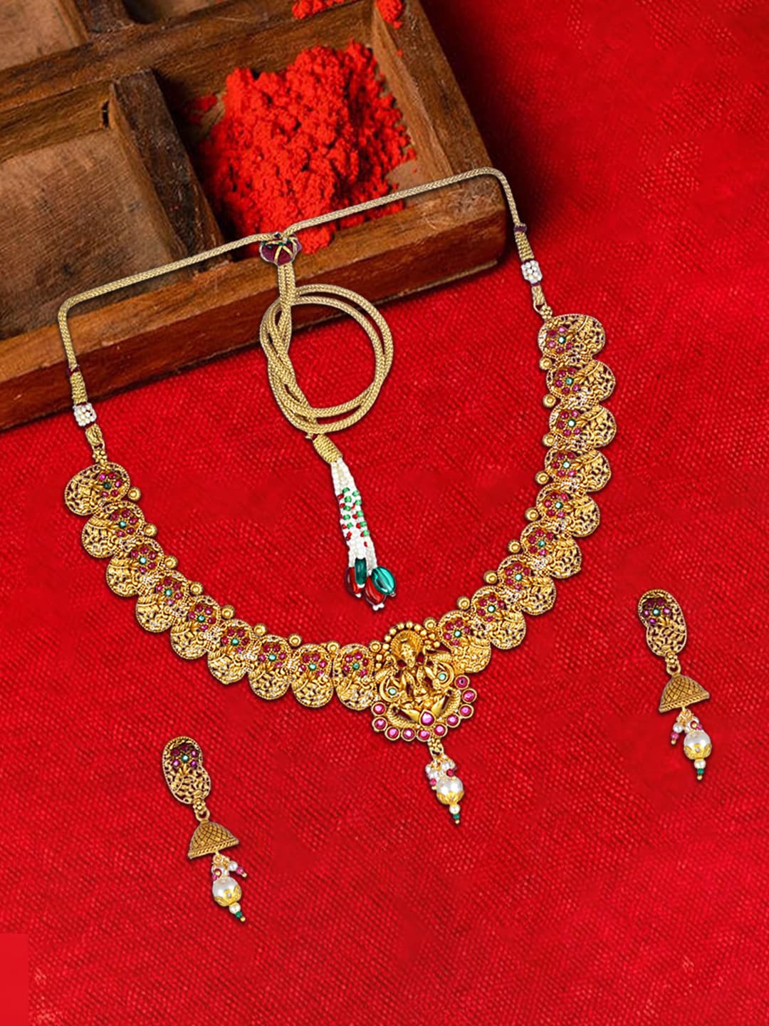 

Adwitiya Collection 24CT Gold-Plated Temple Antique Jewellery Set