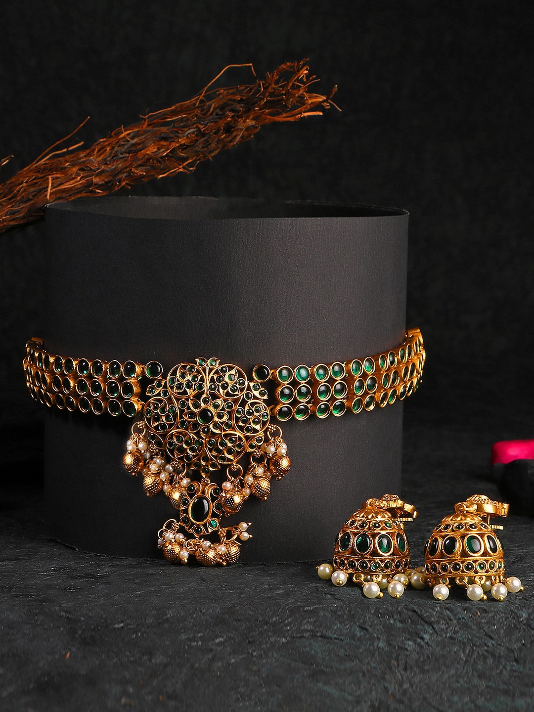 

Adwitiya Collection Gold-Plated Stone-Studded & Beaded Jewellery Set