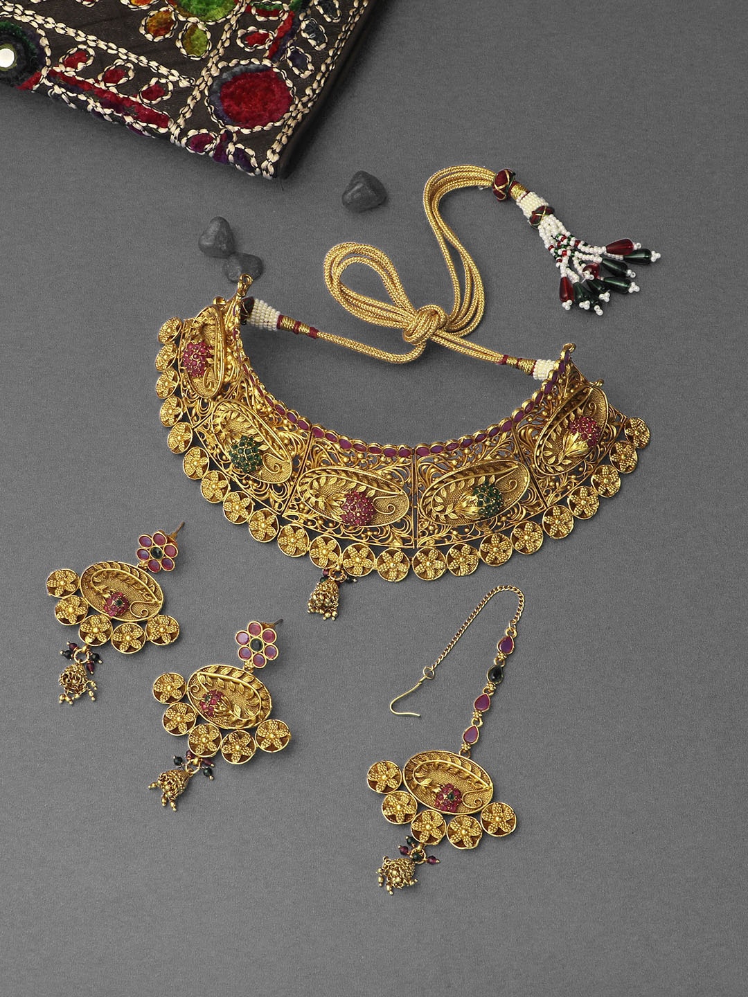 

Adwitiya Collection 24 CT Gold-Plated Stone-Studded Necklace & Earrings