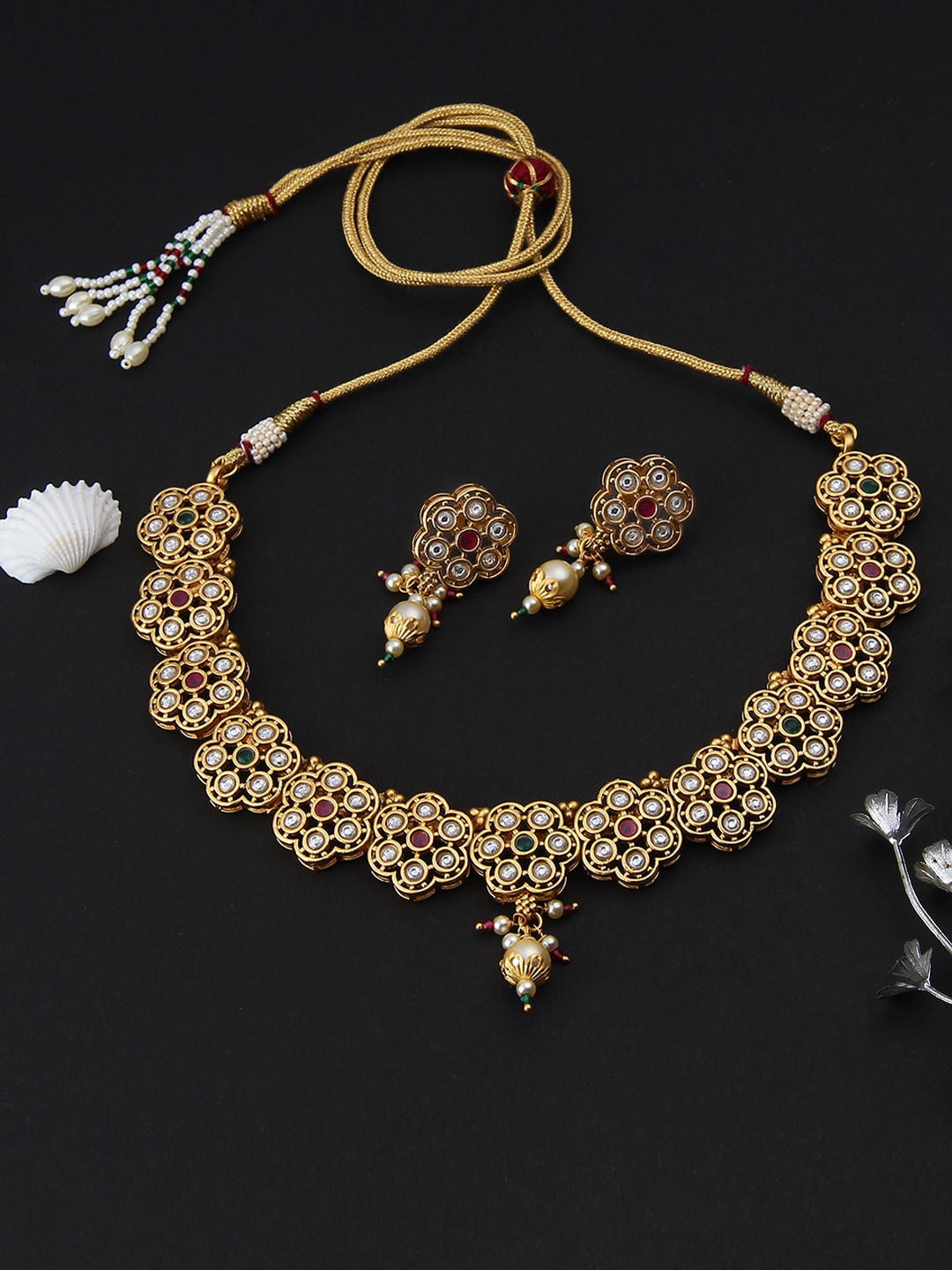 

Adwitiya Collection Gold-Plated Stone-Studded & Beaded Antique Jewellery Set