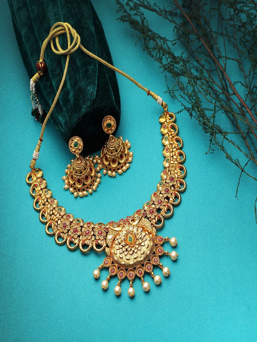 

Adwitiya Collection Gold-Plated Stone-Studded Antique Jewellery Set
