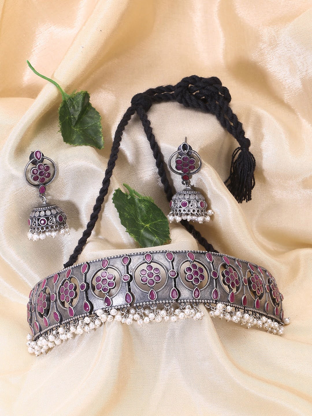 

Adwitiya Collection Oxidised Silver-Plated Stone-Studded & Beaded Jewellery Set