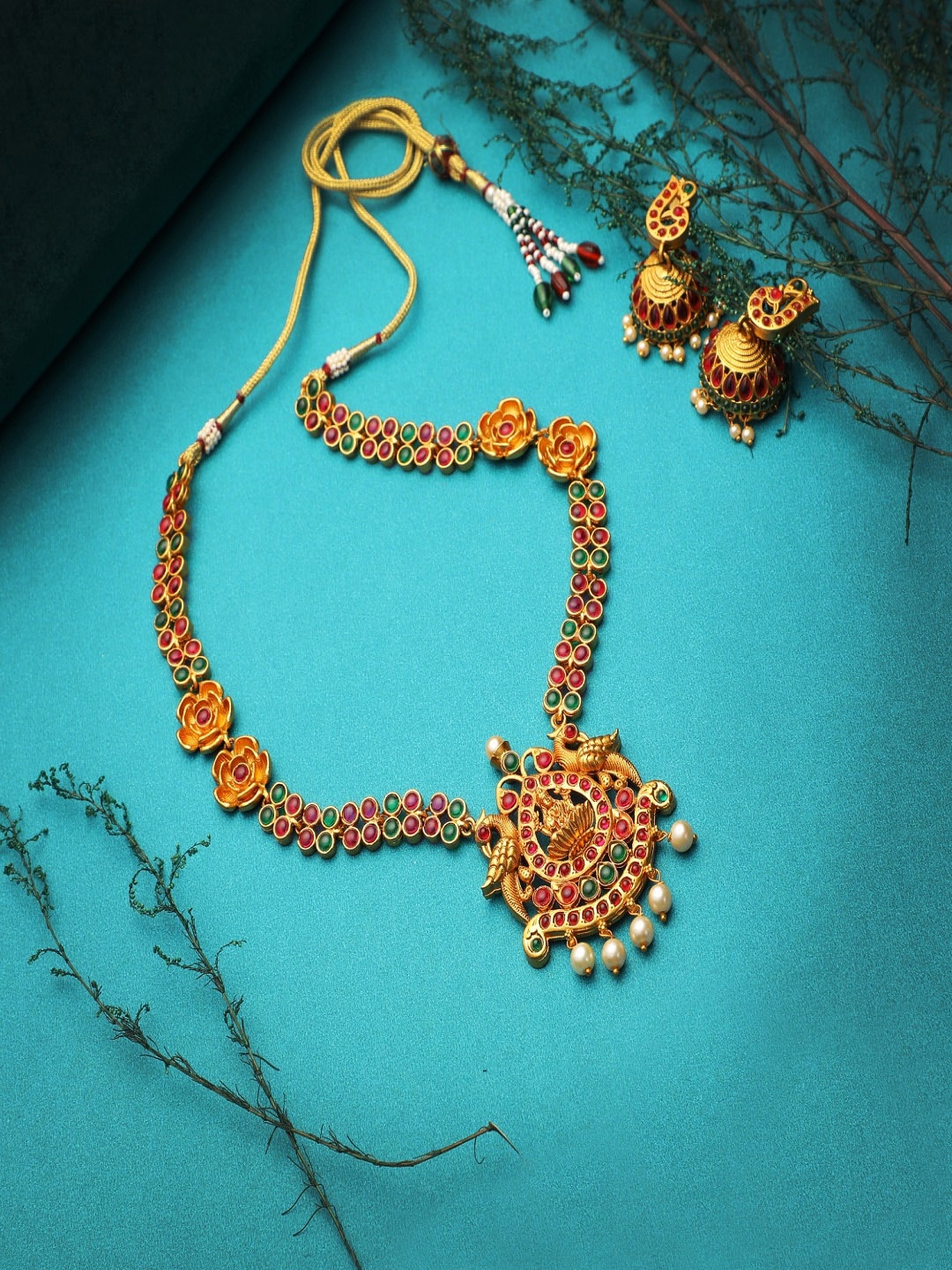 

Adwitiya Collection 24CT Gold-Plated Stone-Studded & Beaded Temple Jewellery Set