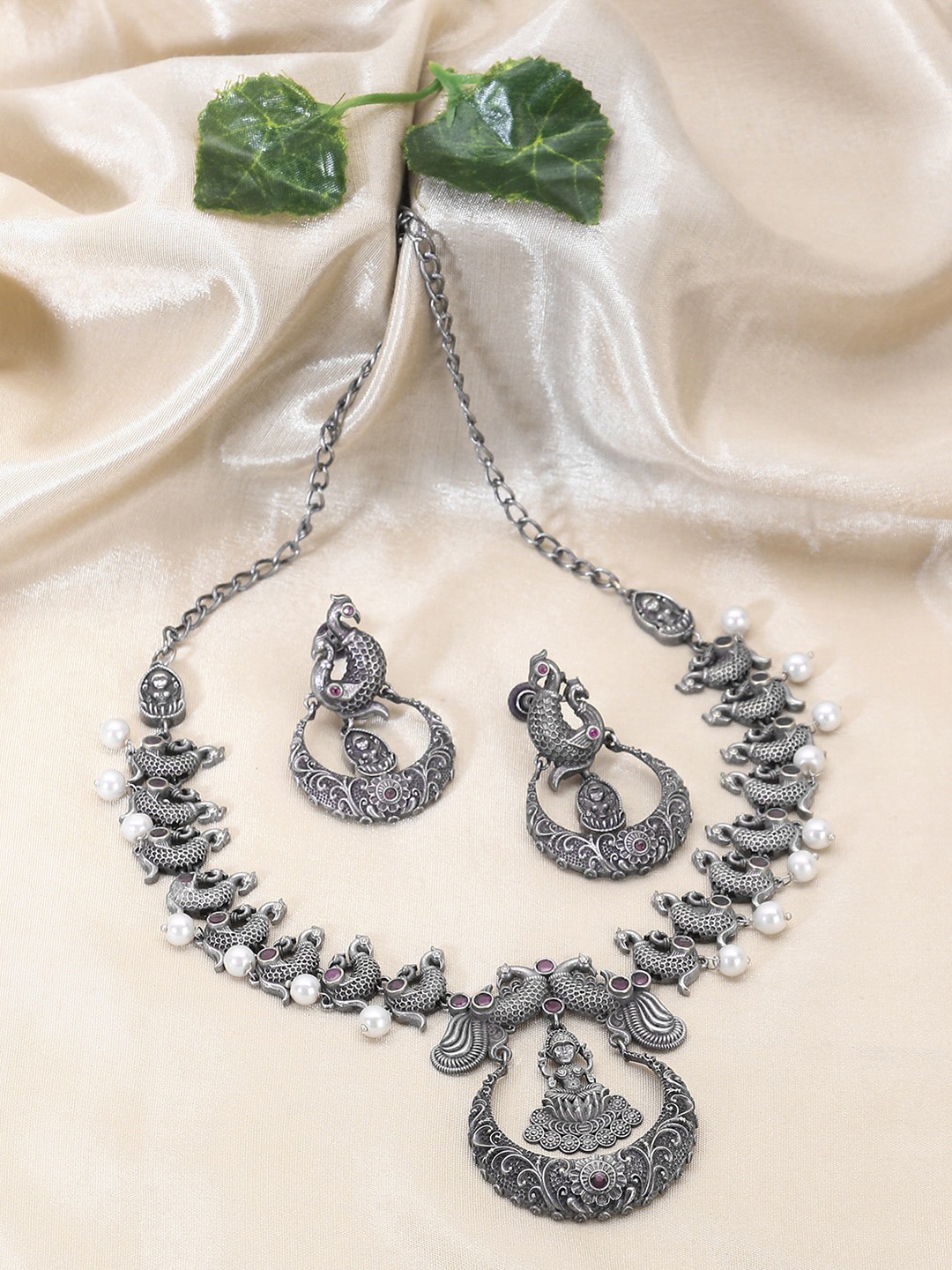 

Adwitiya Collection Oxidised Silver-Plated Stone-Studded Peacock Designed Jewellery Set