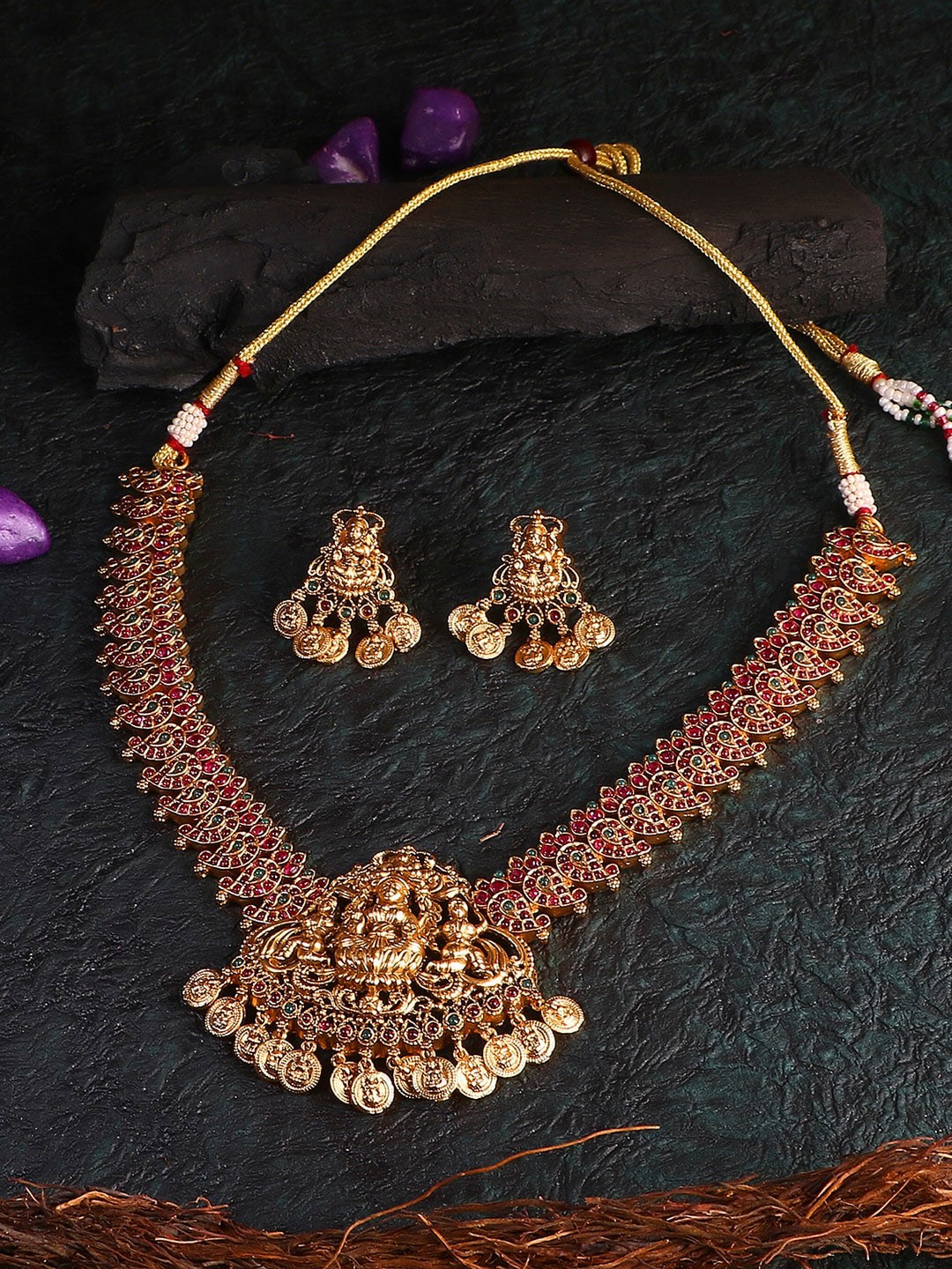 

Adwitiya Collection Gold-Plated Stone-Studded Temple Necklace & Earrings