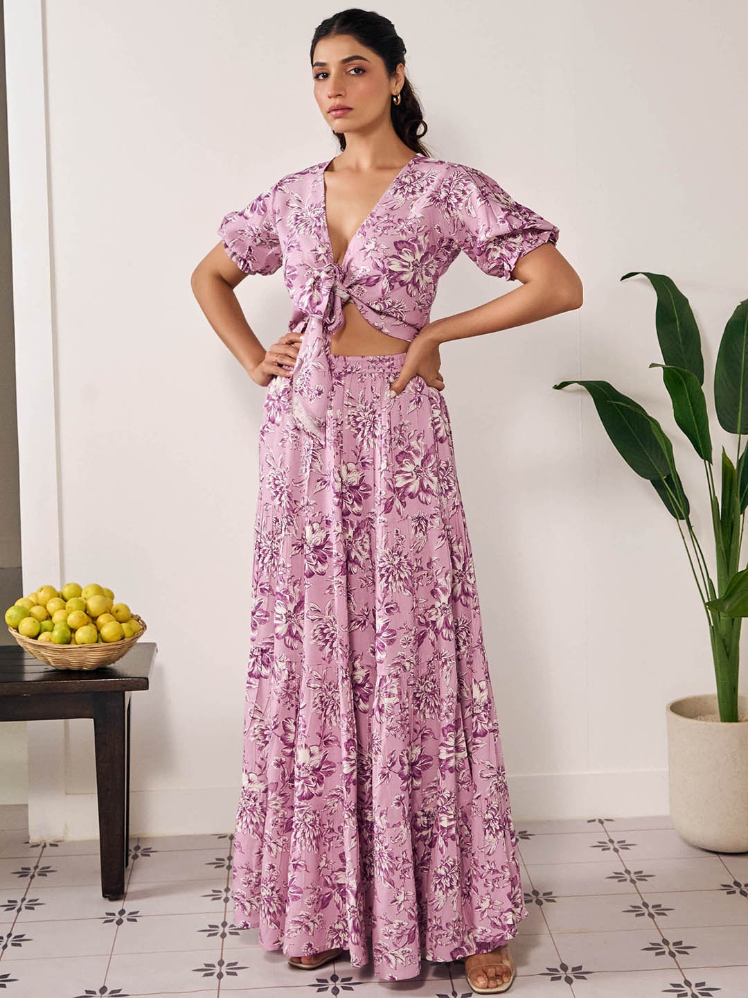 

anayna Floral Printed Tie-up Crop Top & Maxi Flared Skirt Co-Ords Set, Purple