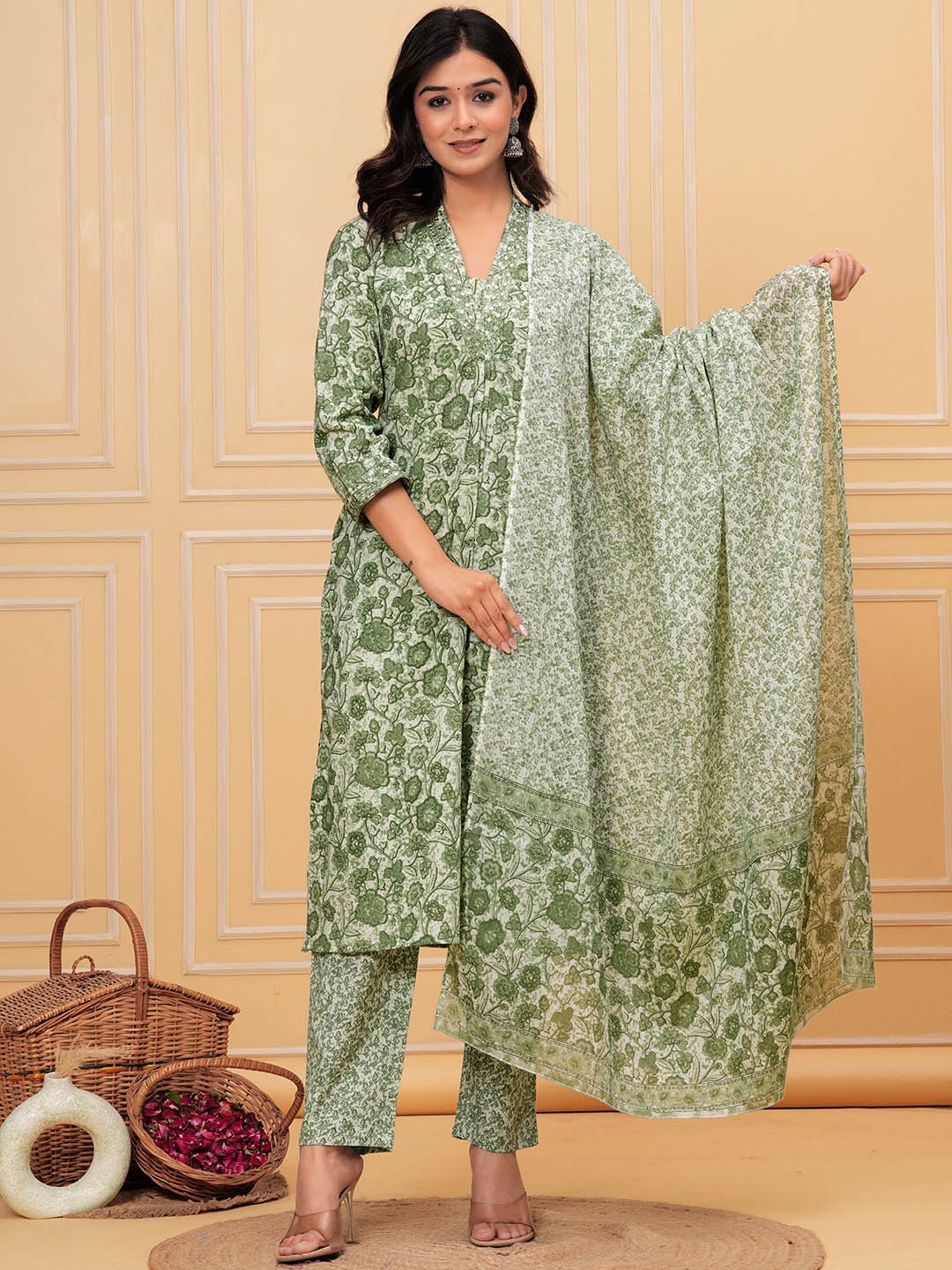 

KALINI Floral Printed V-Neck Cotton Kurta With Trousers & Dupatta, Green